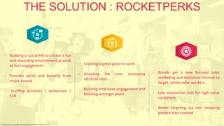 s
THE SOLUTION : ROCKETPERKS
- Creating a great place to work
- Attacking the ever increasing
attrition rates
- Building employee engagement and
bonding amongst peers
- Building a social HR to create a fun
and rewarding environment at work
to fuel engagement
- Provides perks and benefits from
major brands
- In-office activities / workshops /
CSR
- Brands get a new focused sales
marketing and activation channel to
target white collar workers
- Low acquisition cost for high value
customers
- Better targeting via rich shopping
pattern data created
Confidential | Copyright © RocketPerks Solutions Pvt. Ltd. 2014
 