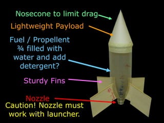 Nosecone to limit drag
Lightweight Payload
Fuel / Propellent
¾ filled with
water and add
detergent?
Sturdy Fins
Nozzle
Caution! Nozzle must
work with launcher.
 