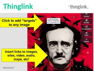 Thinglink
Click to add “targets”
to any image
Insert links to images,
sites, video, audio,
maps, etc!