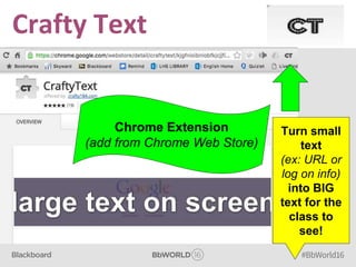 Crafty Text
Chrome Extension
(add from Chrome Web Store)
Turn small
text
(ex: URL or
log on info)
into BIG
text for the
class to
see!
