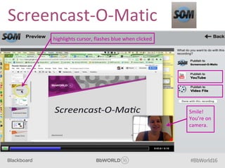 Screencast-O-Matic
highlights cursor, flashes blue when clicked
Smile!
You’re on
camera.