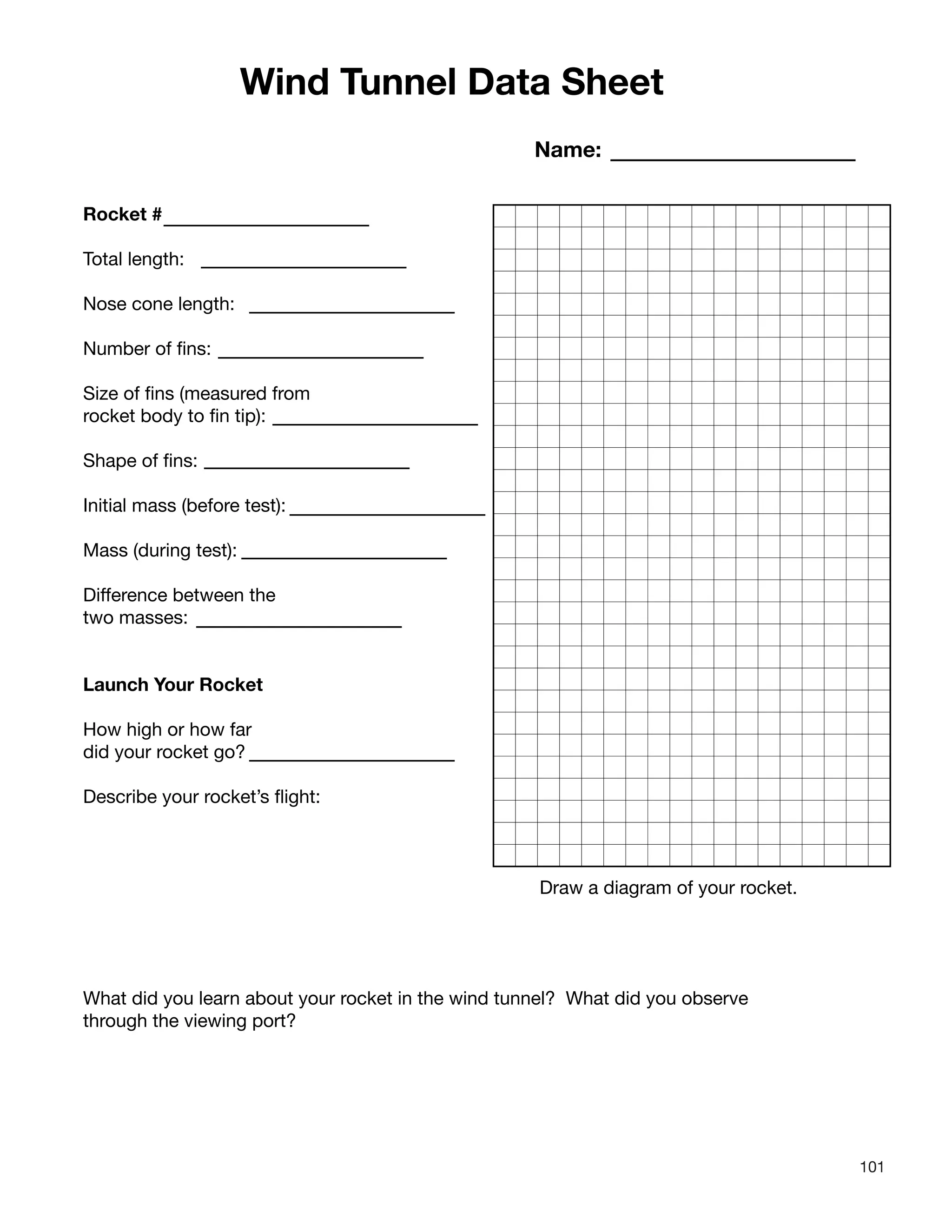101
Wind Tunnel Data Sheet
Name:
Draw a diagram of your rocket.
_______________
Rocket #
Total length:
Nose cone length:
Number of fins:
Size of fins (measured from
rocket body to fin tip):
Shape of fins:
Initial mass (before test):
Mass (during test):
Difference between the
two masses:
Launch Your Rocket
How high or how far
did your rocket go?
Describe your rocket’s flight:
What did you learn about your rocket in the wind tunnel? What did you observe
through the viewing port?
 
