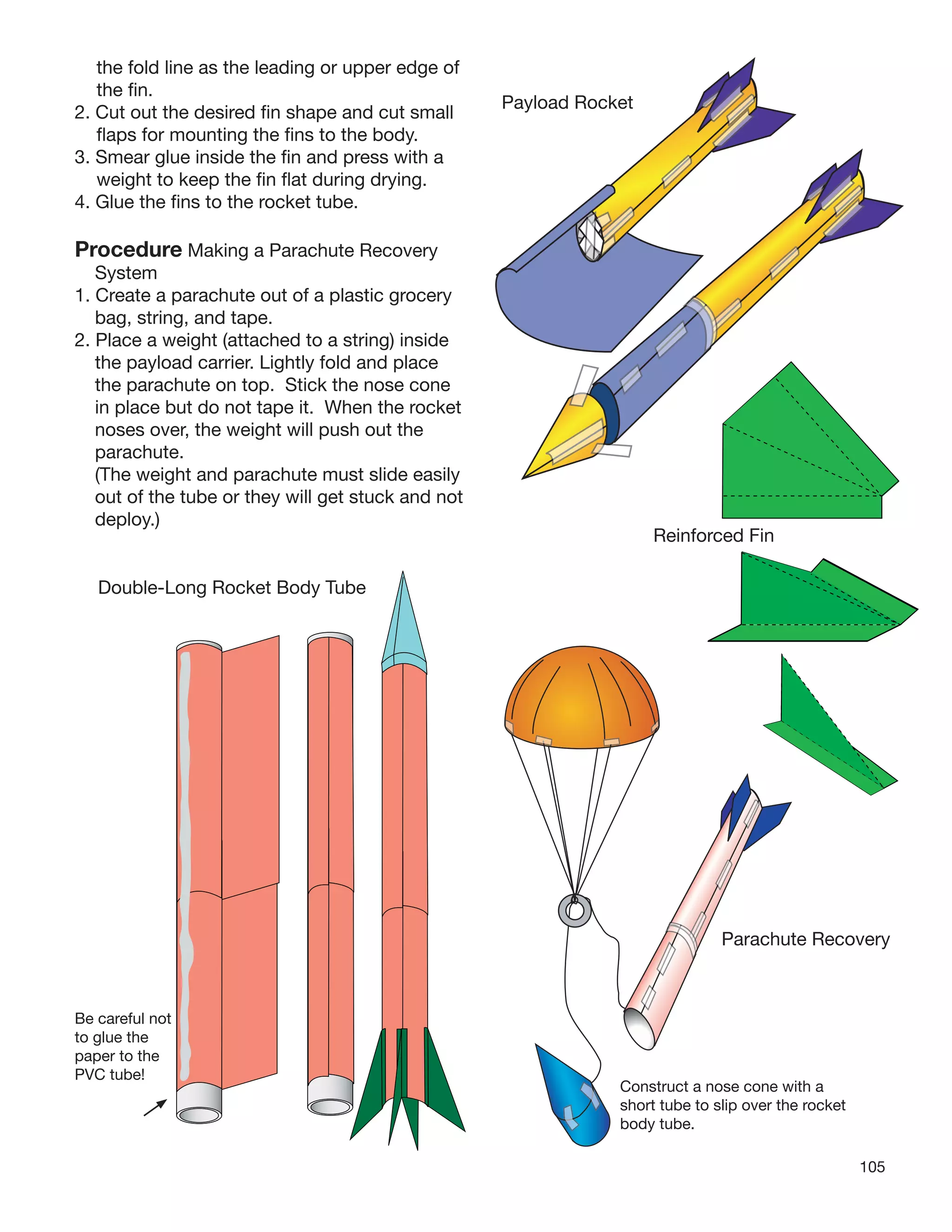 105
Payload Rocket
Parachute Recovery
Construct a nose cone with a
short tube to slip over the rocket
body tube.
Be careful not
to glue the
paper to the
PVC tube!
the fold line as the leading or upper edge of
the ﬁn.
2. Cut out the desired ﬁn shape and cut small
ﬂaps for mounting the ﬁns to the body.
3. Smear glue inside the ﬁn and press with a
weight to keep the ﬁn ﬂat during drying.
4. Glue the ﬁns to the rocket tube.
Procedure Making a Parachute Recovery
System
1. Create a parachute out of a plastic grocery
bag, string, and tape.
2. Place a weight (attached to a string) inside
the payload carrier. Lightly fold and place
the parachute on top. Stick the nose cone
in place but do not tape it. When the rocket
noses over, the weight will push out the
parachute.
(The weight and parachute must slide easily
out of the tube or they will get stuck and not
deploy.)
Reinforced Fin
Double-Long Rocket Body Tube
 