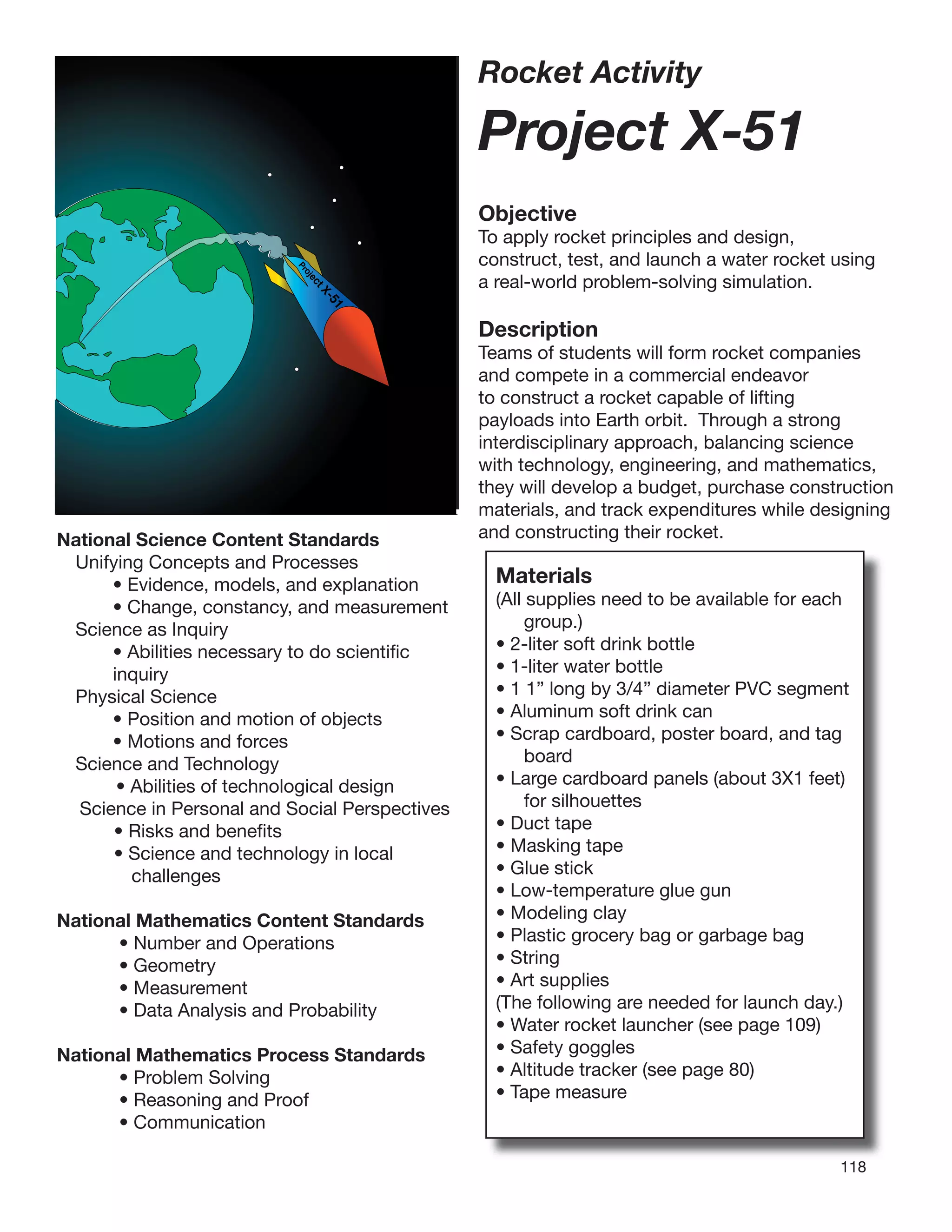 118
Rocket Activity
Project X-51
Objective
To apply rocket principles and design,
construct, test, and launch a water rocket using
a real-world problem-solving simulation.
Description
Teams of students will form rocket companies
and compete in a commercial endeavor
to construct a rocket capable of lifting
payloads into Earth orbit. Through a strong
interdisciplinary approach, balancing science
with technology, engineering, and mathematics,
they will develop a budget, purchase construction
materials, and track expenditures while designing
and constructing their rocket.
ProjectX-51
National Science Content Standards
Unifying Concepts and Processes
• Evidence, models, and explanation
• Change, constancy, and measurement
Science as Inquiry
• Abilities necessary to do scientiﬁc
inquiry
Physical Science
• Position and motion of objects
• Motions and forces
Science and Technology
• Abilities of technological design
Science in Personal and Social Perspectives
• Risks and beneﬁts
• Science and technology in local
challenges
National Mathematics Content Standards
• Number and Operations
• Geometry
• Measurement
• Data Analysis and Probability
National Mathematics Process Standards
• Problem Solving
• Reasoning and Proof
• Communication
Materials
(All supplies need to be available for each
group.)
• 2-liter soft drink bottle
• 1-liter water bottle
• 1 1” long by 3/4” diameter PVC segment
• Aluminum soft drink can
• Scrap cardboard, poster board, and tag
board
• Large cardboard panels (about 3X1 feet)
for silhouettes
• Duct tape
• Masking tape
• Glue stick
• Low-temperature glue gun
• Modeling clay
• Plastic grocery bag or garbage bag
• String
• Art supplies
(The following are needed for launch day.)
• Water rocket launcher (see page 109)
• Safety goggles
• Altitude tracker (see page 80)
• Tape measure
 