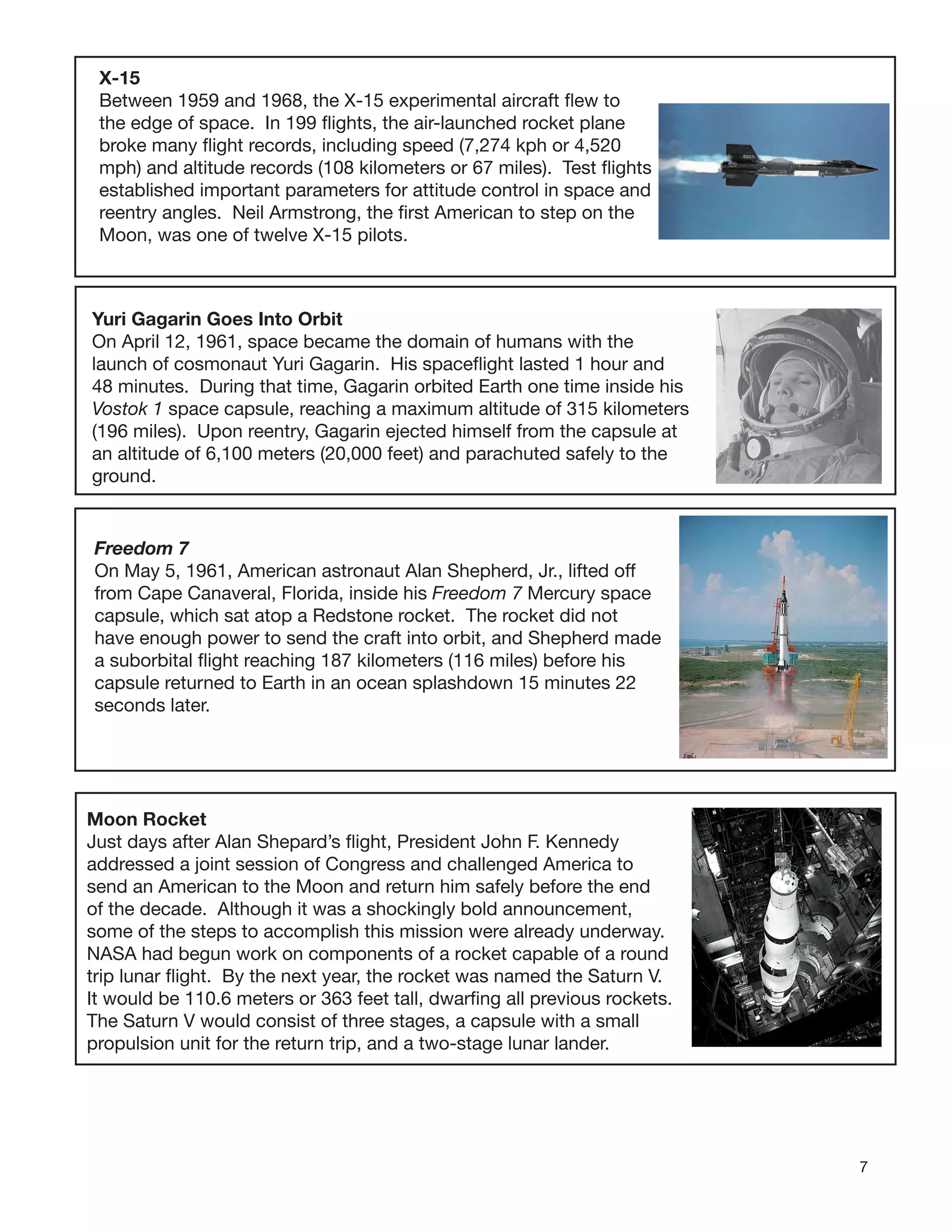 7
X-15
Between 1959 and 1968, the X-15 experimental aircraft ﬂew to
the edge of space. In 199 ﬂights, the air-launched rocket plane
broke many ﬂight records, including speed (7,274 kph or 4,520
mph) and altitude records (108 kilometers or 67 miles). Test ﬂights
established important parameters for attitude control in space and
reentry angles. Neil Armstrong, the ﬁrst American to step on the
Moon, was one of twelve X-15 pilots.
Yuri Gagarin Goes Into Orbit
On April 12, 1961, space became the domain of humans with the
launch of cosmonaut Yuri Gagarin. His spaceﬂight lasted 1 hour and
48 minutes. During that time, Gagarin orbited Earth one time inside his
Vostok 1 space capsule, reaching a maximum altitude of 315 kilometers
(196 miles). Upon reentry, Gagarin ejected himself from the capsule at
an altitude of 6,100 meters (20,000 feet) and parachuted safely to the
ground.
Freedom 7
On May 5, 1961, American astronaut Alan Shepherd, Jr., lifted off
from Cape Canaveral, Florida, inside his Freedom 7 Mercury space
capsule, which sat atop a Redstone rocket. The rocket did not
have enough power to send the craft into orbit, and Shepherd made
a suborbital ﬂight reaching 187 kilometers (116 miles) before his
capsule returned to Earth in an ocean splashdown 15 minutes 22
seconds later.
Moon Rocket
Just days after Alan Shepard’s ﬂight, President John F. Kennedy
addressed a joint session of Congress and challenged America to
send an American to the Moon and return him safely before the end
of the decade. Although it was a shockingly bold announcement,
some of the steps to accomplish this mission were already underway.
NASA had begun work on components of a rocket capable of a round
trip lunar ﬂight. By the next year, the rocket was named the Saturn V.
It would be 110.6 meters or 363 feet tall, dwarﬁng all previous rockets.
The Saturn V would consist of three stages, a capsule with a small
propulsion unit for the return trip, and a two-stage lunar lander.
 