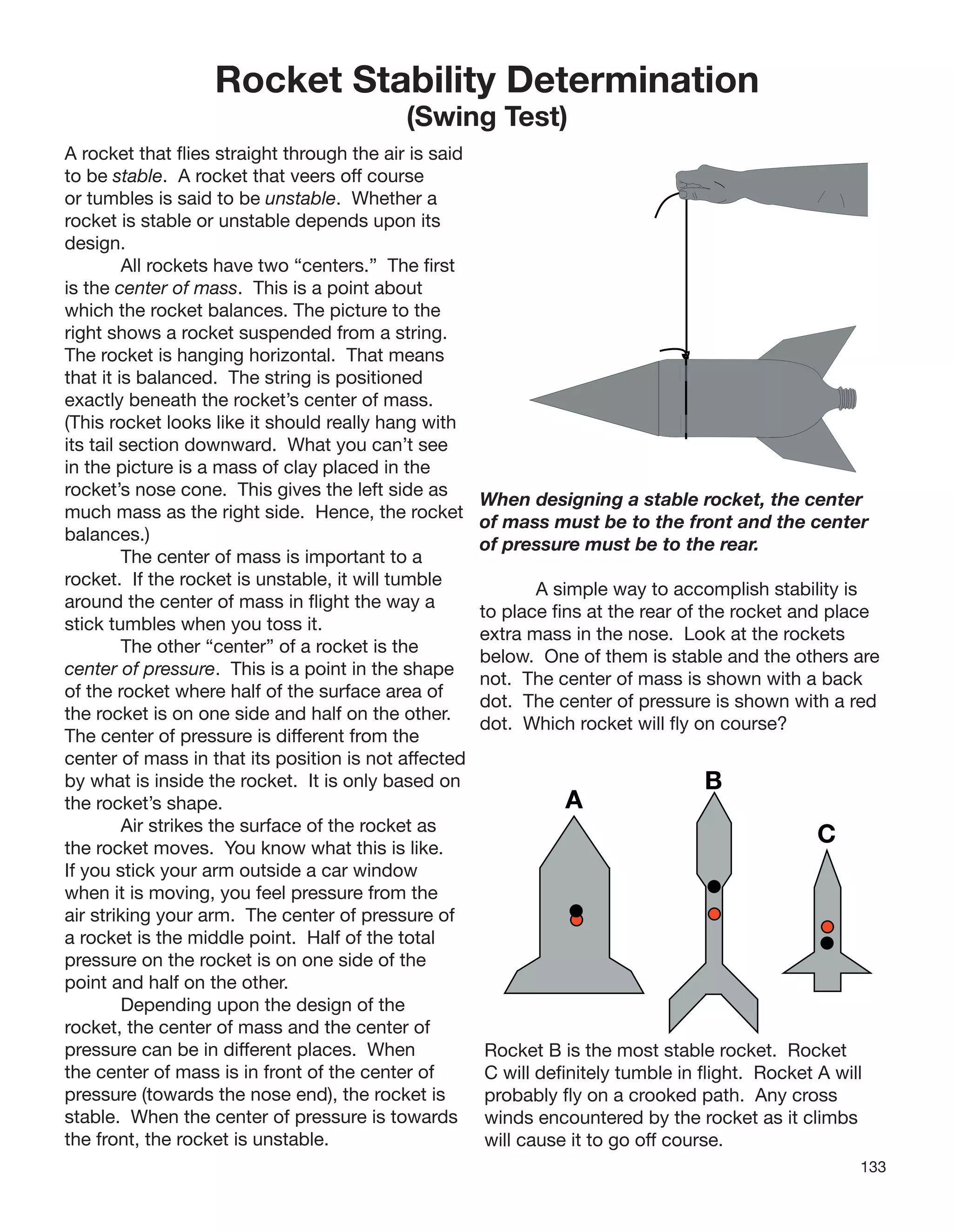 133
Rocket Stability Determination
(Swing Test)
A rocket that ﬂies straight through the air is said
to be stable. A rocket that veers off course
or tumbles is said to be unstable. Whether a
rocket is stable or unstable depends upon its
design.
All rockets have two “centers.” The ﬁrst
is the center of mass. This is a point about
which the rocket balances. The picture to the
right shows a rocket suspended from a string.
The rocket is hanging horizontal. That means
that it is balanced. The string is positioned
exactly beneath the rocket’s center of mass.
(This rocket looks like it should really hang with
its tail section downward. What you can’t see
in the picture is a mass of clay placed in the
rocket’s nose cone. This gives the left side as
much mass as the right side. Hence, the rocket
balances.)
The center of mass is important to a
rocket. If the rocket is unstable, it will tumble
around the center of mass in ﬂight the way a
stick tumbles when you toss it.
The other “center” of a rocket is the
center of pressure. This is a point in the shape
of the rocket where half of the surface area of
the rocket is on one side and half on the other.
The center of pressure is different from the
center of mass in that its position is not affected
by what is inside the rocket. It is only based on
the rocket’s shape.
Air strikes the surface of the rocket as
the rocket moves. You know what this is like.
If you stick your arm outside a car window
when it is moving, you feel pressure from the
air striking your arm. The center of pressure of
a rocket is the middle point. Half of the total
pressure on the rocket is on one side of the
point and half on the other.
Depending upon the design of the
rocket, the center of mass and the center of
pressure can be in different places. When
the center of mass is in front of the center of
pressure (towards the nose end), the rocket is
stable. When the center of pressure is towards
the front, the rocket is unstable.
When designing a stable rocket, the center
of mass must be to the front and the center
of pressure must be to the rear.
A simple way to accomplish stability is
to place ﬁns at the rear of the rocket and place
extra mass in the nose. Look at the rockets
below. One of them is stable and the others are
not. The center of mass is shown with a back
dot. The center of pressure is shown with a red
dot. Which rocket will ﬂy on course?
AAA
B
C
Rocket B is the most stable rocket. Rocket
C will deﬁnitely tumble in ﬂight. Rocket A will
probably ﬂy on a crooked path. Any cross
winds encountered by the rocket as it climbs
will cause it to go off course.
 