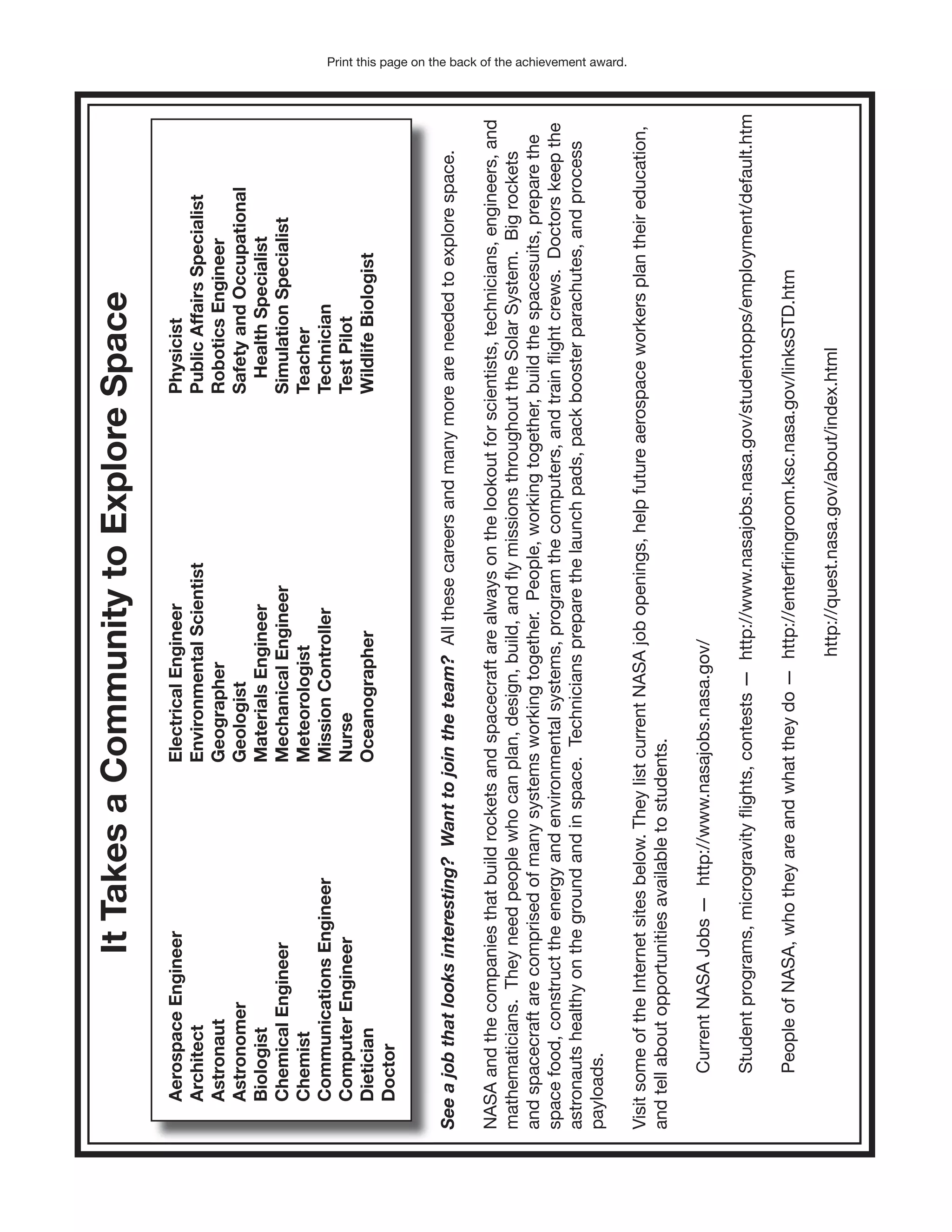 139
ItTakesaCommunitytoExploreSpace
AerospaceEngineer
Architect
Astronaut
Astronomer
Biologist
ChemicalEngineer
Chemist
CommunicationsEngineer
ComputerEngineer
Dietician
Doctor
ElectricalEngineer
EnvironmentalScientist
Geographer
Geologist
MaterialsEngineer
MechanicalEngineer
Meteorologist
MissionController
Nurse
Oceanographer
Physicist
PublicAffairsSpecialist
RoboticsEngineer
SafetyandOccupational
HealthSpecialist
SimulationSpecialist
Teacher
Technician
TestPilot
WildlifeBiologist
Seeajobthatlooksinteresting?Wanttojointheteam?Allthesecareersandmanymoreareneededtoexplorespace.
NASAandthecompaniesthatbuildrocketsandspacecraftarealwaysonthelookoutforscientists,technicians,engineers,and
mathematicians.Theyneedpeoplewhocanplan,design,build,andﬂymissionsthroughouttheSolarSystem.Bigrockets
andspacecraftarecomprisedofmanysystemsworkingtogether.People,workingtogether,buildthespacesuits,preparethe
spacefood,constructtheenergyandenvironmentalsystems,programthecomputers,andtrainﬂightcrews.Doctorskeepthe
astronautshealthyonthegroundandinspace.Technicianspreparethelaunchpads,packboosterparachutes,andprocess
payloads.
VisitsomeoftheInternetsitesbelow.TheylistcurrentNASAjobopenings,helpfutureaerospaceworkersplantheireducation,
andtellaboutopportunitiesavailabletostudents.
CurrentNASAJobs—http://www.nasajobs.nasa.gov/
Studentprograms,microgravityﬂights,contests—http://www.nasajobs.nasa.gov/studentopps/employment/default.htm
PeopleofNASA,whotheyareandwhattheydo—http://enterﬁringroom.ksc.nasa.gov/linksSTD.htm
http://quest.nasa.gov/about/index.html
Print this page on the back of the achievement award.
 