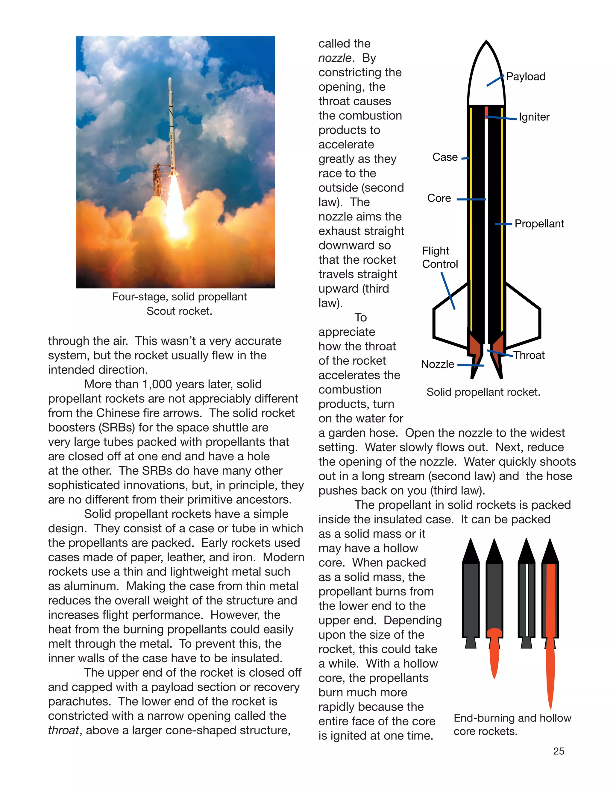 25
through the air. This wasn’t a very accurate
system, but the rocket usually ﬂew in the
intended direction.
More than 1,000 years later, solid
propellant rockets are not appreciably different
from the Chinese ﬁre arrows. The solid rocket
boosters (SRBs) for the space shuttle are
very large tubes packed with propellants that
are closed off at one end and have a hole
at the other. The SRBs do have many other
sophisticated innovations, but, in principle, they
are no different from their primitive ancestors.
Solid propellant rockets have a simple
design. They consist of a case or tube in which
the propellants are packed. Early rockets used
cases made of paper, leather, and iron. Modern
rockets use a thin and lightweight metal such
as aluminum. Making the case from thin metal
reduces the overall weight of the structure and
increases ﬂight performance. However, the
heat from the burning propellants could easily
melt through the metal. To prevent this, the
inner walls of the case have to be insulated.
The upper end of the rocket is closed off
and capped with a payload section or recovery
parachutes. The lower end of the rocket is
constricted with a narrow opening called the
throat, above a larger cone-shaped structure,
called the
nozzle. By
constricting the
opening, the
throat causes
the combustion
products to
accelerate
greatly as they
race to the
outside (second
law). The
nozzle aims the
exhaust straight
downward so
that the rocket
travels straight
upward (third
law).
To
appreciate
how the throat
of the rocket
accelerates the
combustion
products, turn
on the water for
a garden hose. Open the nozzle to the widest
setting. Water slowly ﬂows out. Next, reduce
the opening of the nozzle. Water quickly shoots
out in a long stream (second law) and the hose
pushes back on you (third law).
The propellant in solid rockets is packed
inside the insulated case. It can be packed
as a solid mass or it
may have a hollow
core. When packed
as a solid mass, the
propellant burns from
the lower end to the
upper end. Depending
upon the size of the
rocket, this could take
a while. With a hollow
core, the propellants
burn much more
rapidly because the
entire face of the core
is ignited at one time.
Four-stage, solid propellant
Scout rocket.
Payload
Igniter
Case
Core
Propellant
Flight
Control
Throat
Nozzle
Solid propellant rocket.
End-burning and hollow
core rockets.
 