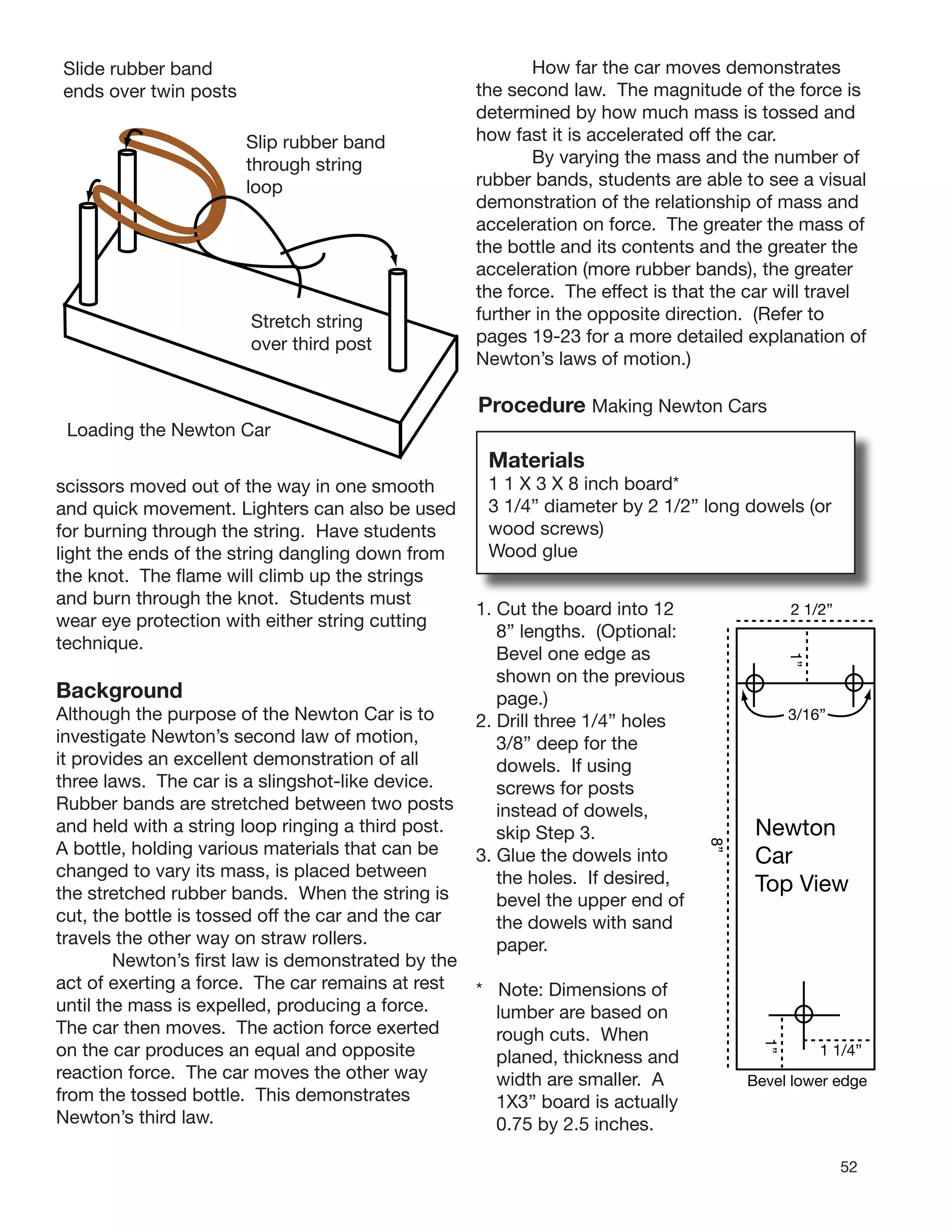 52
scissors moved out of the way in one smooth
and quick movement. Lighters can also be used
for burning through the string. Have students
light the ends of the string dangling down from
the knot. The ﬂame will climb up the strings
and burn through the knot. Students must
wear eye protection with either string cutting
technique.
Slide rubber band
ends over twin posts
Slip rubber band
through string
loop
Stretch string
over third post
Loading the Newton Car
Background
Although the purpose of the Newton Car is to
investigate Newton’s second law of motion,
it provides an excellent demonstration of all
three laws. The car is a slingshot-like device.
Rubber bands are stretched between two posts
and held with a string loop ringing a third post.
A bottle, holding various materials that can be
changed to vary its mass, is placed between
the stretched rubber bands. When the string is
cut, the bottle is tossed off the car and the car
travels the other way on straw rollers.
Newton’s ﬁrst law is demonstrated by the
act of exerting a force. The car remains at rest
until the mass is expelled, producing a force.
The car then moves. The action force exerted
on the car produces an equal and opposite
reaction force. The car moves the other way
from the tossed bottle. This demonstrates
Newton’s third law.
How far the car moves demonstrates
the second law. The magnitude of the force is
determined by how much mass is tossed and
how fast it is accelerated off the car.
By varying the mass and the number of
rubber bands, students are able to see a visual
demonstration of the relationship of mass and
acceleration on force. The greater the mass of
the bottle and its contents and the greater the
acceleration (more rubber bands), the greater
the force. The effect is that the car will travel
further in the opposite direction. (Refer to
pages 19-23 for a more detailed explanation of
Newton’s laws of motion.)
Procedure Making Newton Cars
Materials
1 1 X 3 X 8 inch board*
3 1/4” diameter by 2 1/2” long dowels (or
wood screws)
Wood glue
1”
1 1/4”
1”
3/16”
2 1/2”
Newton
Car
Top View
Bevel lower edge
8”
1. Cut the board into 12
8” lengths. (Optional:
Bevel one edge as
shown on the previous
page.)
2. Drill three 1/4” holes
3/8” deep for the
dowels. If using
screws for posts
instead of dowels,
skip Step 3.
3. Glue the dowels into
the holes. If desired,
bevel the upper end of
the dowels with sand
paper.
* Note: Dimensions of
lumber are based on
rough cuts. When
planed, thickness and
width are smaller. A
1X3” board is actually
0.75 by 2.5 inches.
 