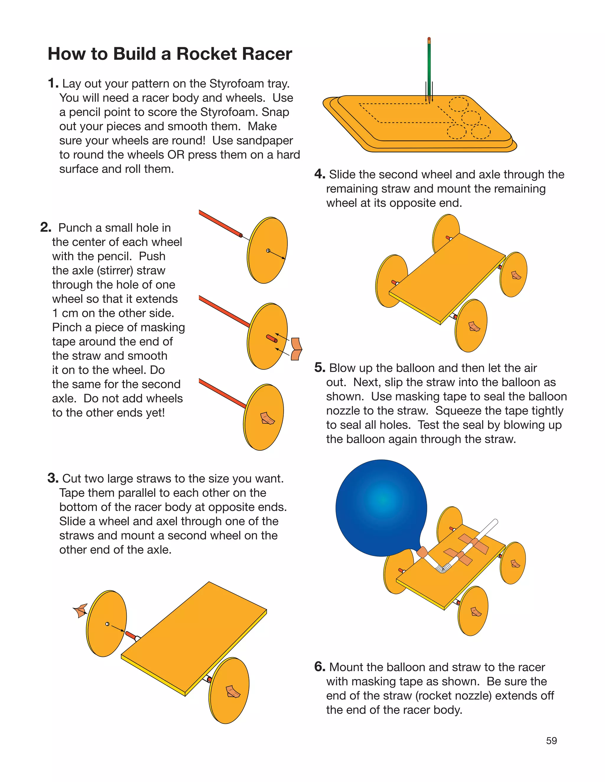59
How to Build a Rocket Racer
1. Lay out your pattern on the Styrofoam tray.
You will need a racer body and wheels. Use
a pencil point to score the Styrofoam. Snap
out your pieces and smooth them. Make
sure your wheels are round! Use sandpaper
to round the wheels OR press them on a hard
surface and roll them.
2. Punch a small hole in
the center of each wheel
with the pencil. Push
the axle (stirrer) straw
through the hole of one
wheel so that it extends
1 cm on the other side.
Pinch a piece of masking
tape around the end of
the straw and smooth
it on to the wheel. Do
the same for the second
axle. Do not add wheels
to the other ends yet!
3. Cut two large straws to the size you want.
Tape them parallel to each other on the
bottom of the racer body at opposite ends.
Slide a wheel and axel through one of the
straws and mount a second wheel on the
other end of the axle.
4. Slide the second wheel and axle through the
remaining straw and mount the remaining
wheel at its opposite end.
5. Blow up the balloon and then let the air
out. Next, slip the straw into the balloon as
shown. Use masking tape to seal the balloon
nozzle to the straw. Squeeze the tape tightly
to seal all holes. Test the seal by blowing up
the balloon again through the straw.
6. Mount the balloon and straw to the racer
with masking tape as shown. Be sure the
end of the straw (rocket nozzle) extends off
the end of the racer body.
 