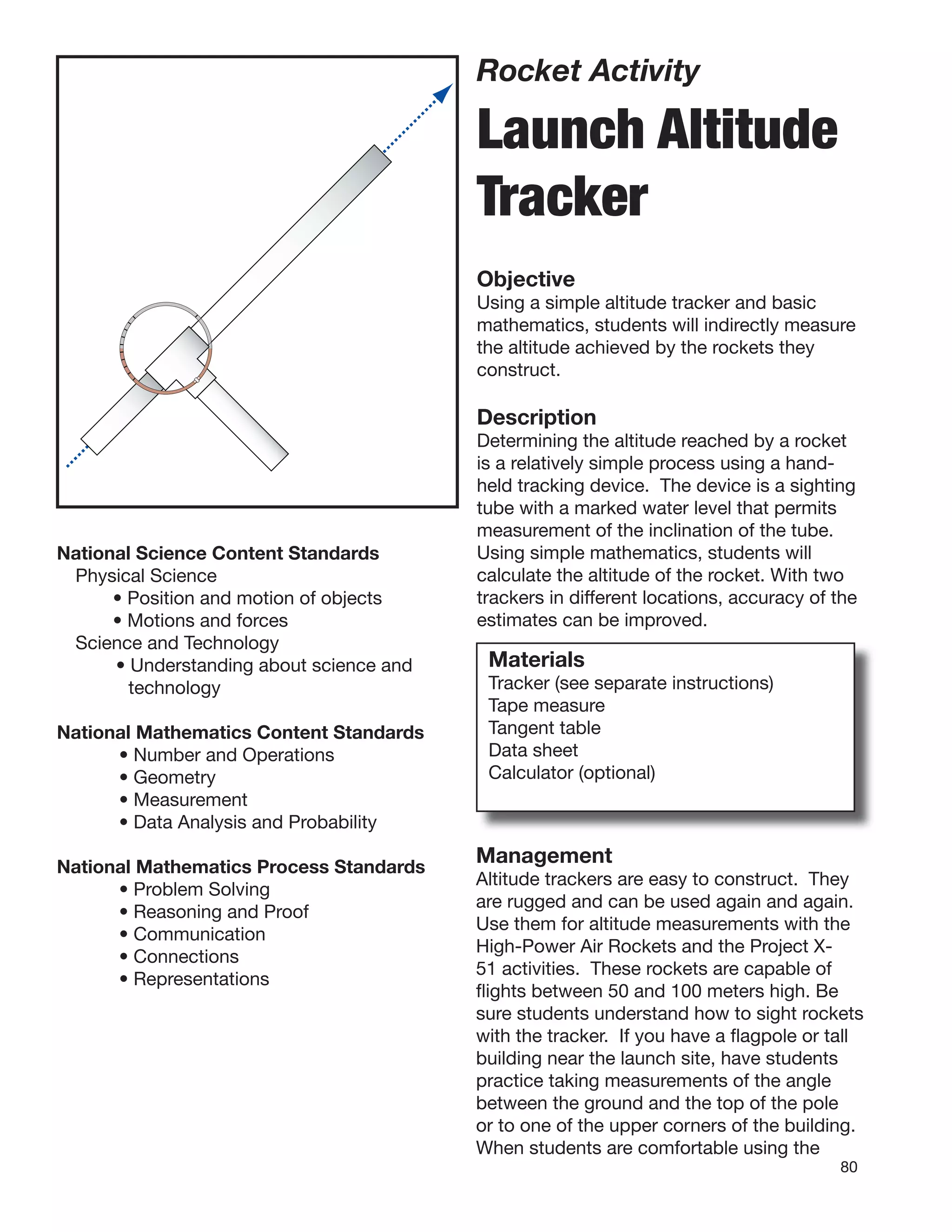 80
Rocket Activity
Launch Altitude
Tracker
Objective
Using a simple altitude tracker and basic
mathematics, students will indirectly measure
the altitude achieved by the rockets they
construct.
Description
Determining the altitude reached by a rocket
is a relatively simple process using a hand-
held tracking device. The device is a sighting
tube with a marked water level that permits
measurement of the inclination of the tube.
Using simple mathematics, students will
calculate the altitude of the rocket. With two
trackers in different locations, accuracy of the
estimates can be improved.
Materials
Tracker (see separate instructions)
Tape measure
Tangent table
Data sheet
Calculator (optional)
National Science Content Standards
Physical Science
• Position and motion of objects
• Motions and forces
Science and Technology
• Understanding about science and
technology
National Mathematics Content Standards
• Number and Operations
• Geometry
• Measurement
• Data Analysis and Probability
National Mathematics Process Standards
• Problem Solving
• Reasoning and Proof
• Communication
• Connections
• Representations
Management
Altitude trackers are easy to construct. They
are rugged and can be used again and again.
Use them for altitude measurements with the
High-Power Air Rockets and the Project X-
51 activities. These rockets are capable of
ﬂights between 50 and 100 meters high. Be
sure students understand how to sight rockets
with the tracker. If you have a ﬂagpole or tall
building near the launch site, have students
practice taking measurements of the angle
between the ground and the top of the pole
or to one of the upper corners of the building.
When students are comfortable using the
 