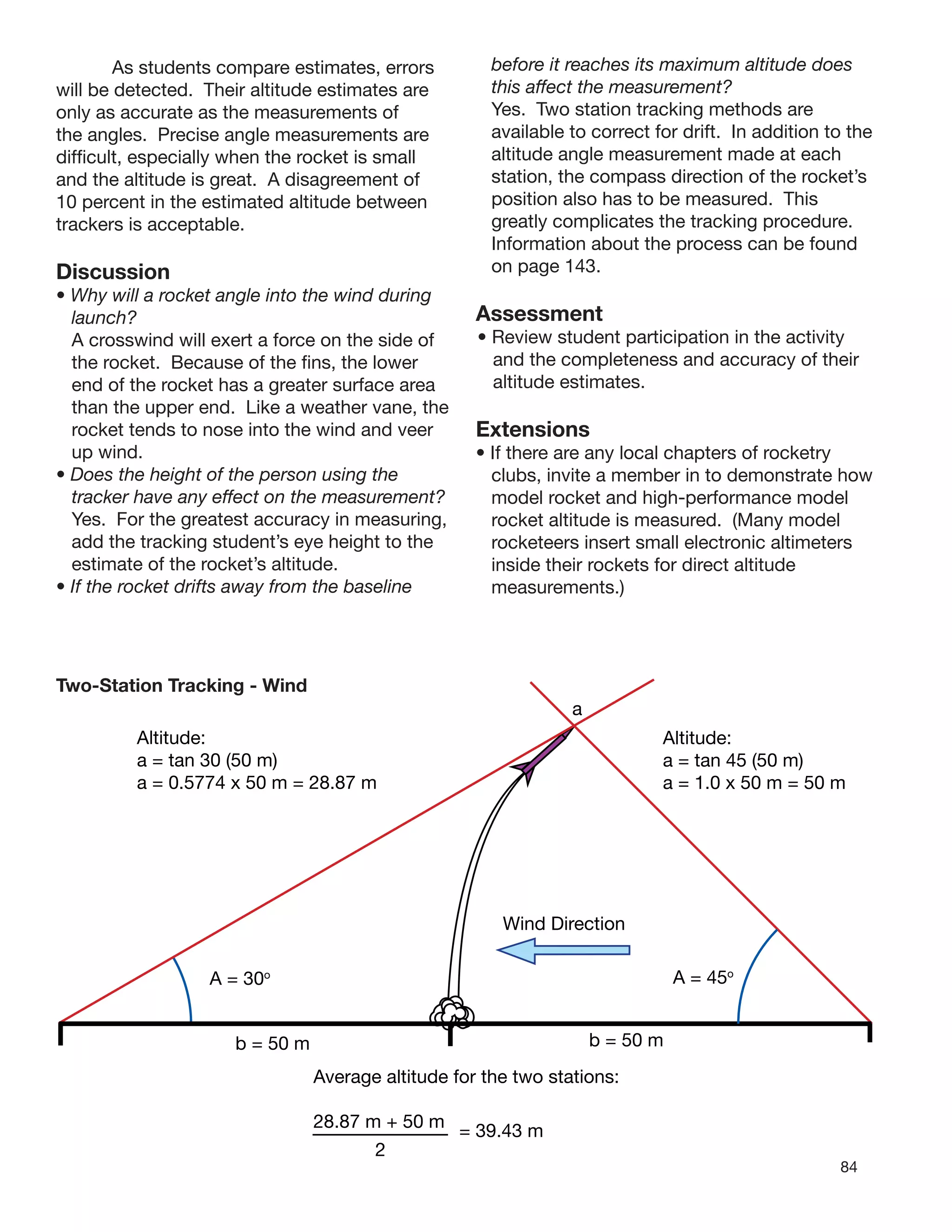 84
a1
A1 b = 50 m
A = 30o
A2b = 50 m
Altitude:
a = tan 30 (50 m)
a = 0.5774 x 50 m = 28.87 m
a
Two-Station Tracking - Wind
Altitude:
a = tan 45 (50 m)
a = 1.0 x 50 m = 50 m
As students compare estimates, errors
will be detected. Their altitude estimates are
only as accurate as the measurements of
the angles. Precise angle measurements are
difﬁcult, especially when the rocket is small
and the altitude is great. A disagreement of
10 percent in the estimated altitude between
trackers is acceptable.
Discussion
• Why will a rocket angle into the wind during
launch?
A crosswind will exert a force on the side of
the rocket. Because of the ﬁns, the lower
end of the rocket has a greater surface area
than the upper end. Like a weather vane, the
rocket tends to nose into the wind and veer
up wind.
• Does the height of the person using the
tracker have any effect on the measurement?
Yes. For the greatest accuracy in measuring,
add the tracking student’s eye height to the
estimate of the rocket’s altitude.
• If the rocket drifts away from the baseline
before it reaches its maximum altitude does
this affect the measurement?
Yes. Two station tracking methods are
available to correct for drift. In addition to the
altitude angle measurement made at each
station, the compass direction of the rocket’s
position also has to be measured. This
greatly complicates the tracking procedure.
Information about the process can be found
on page 143.
Assessment
• Review student participation in the activity
and the completeness and accuracy of their
altitude estimates.
Extensions
• If there are any local chapters of rocketry
clubs, invite a member in to demonstrate how
model rocket and high-performance model
rocket altitude is measured. (Many model
rocketeers insert small electronic altimeters
inside their rockets for direct altitude
measurements.)
Wind Direction
A = 45o
Average altitude for the two stations:
28.87 m + 50 m
2
= 39.43 m
 