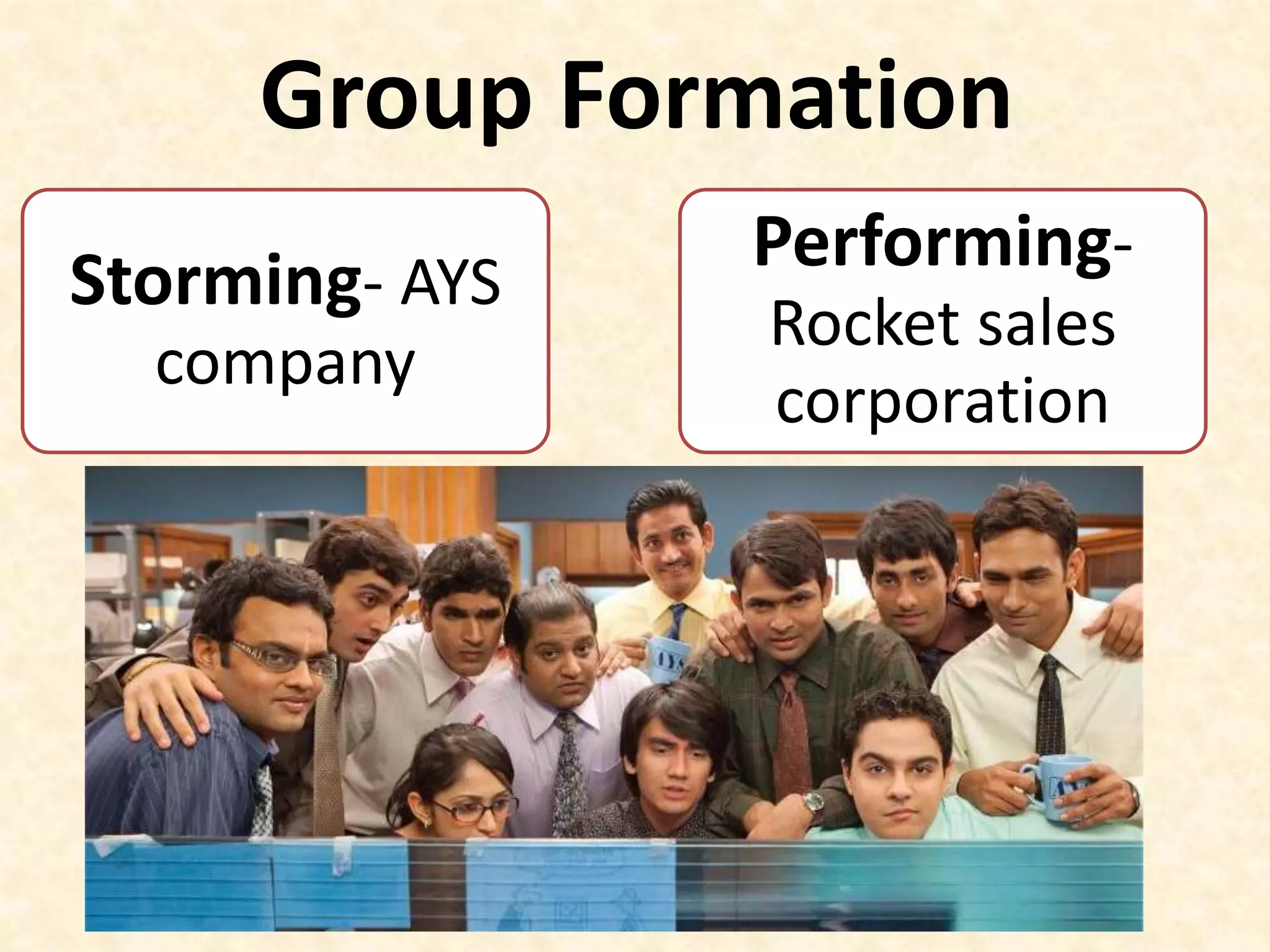 Group Formation
Storming- AYS
company
Performing-
Rocket sales
corporation
 