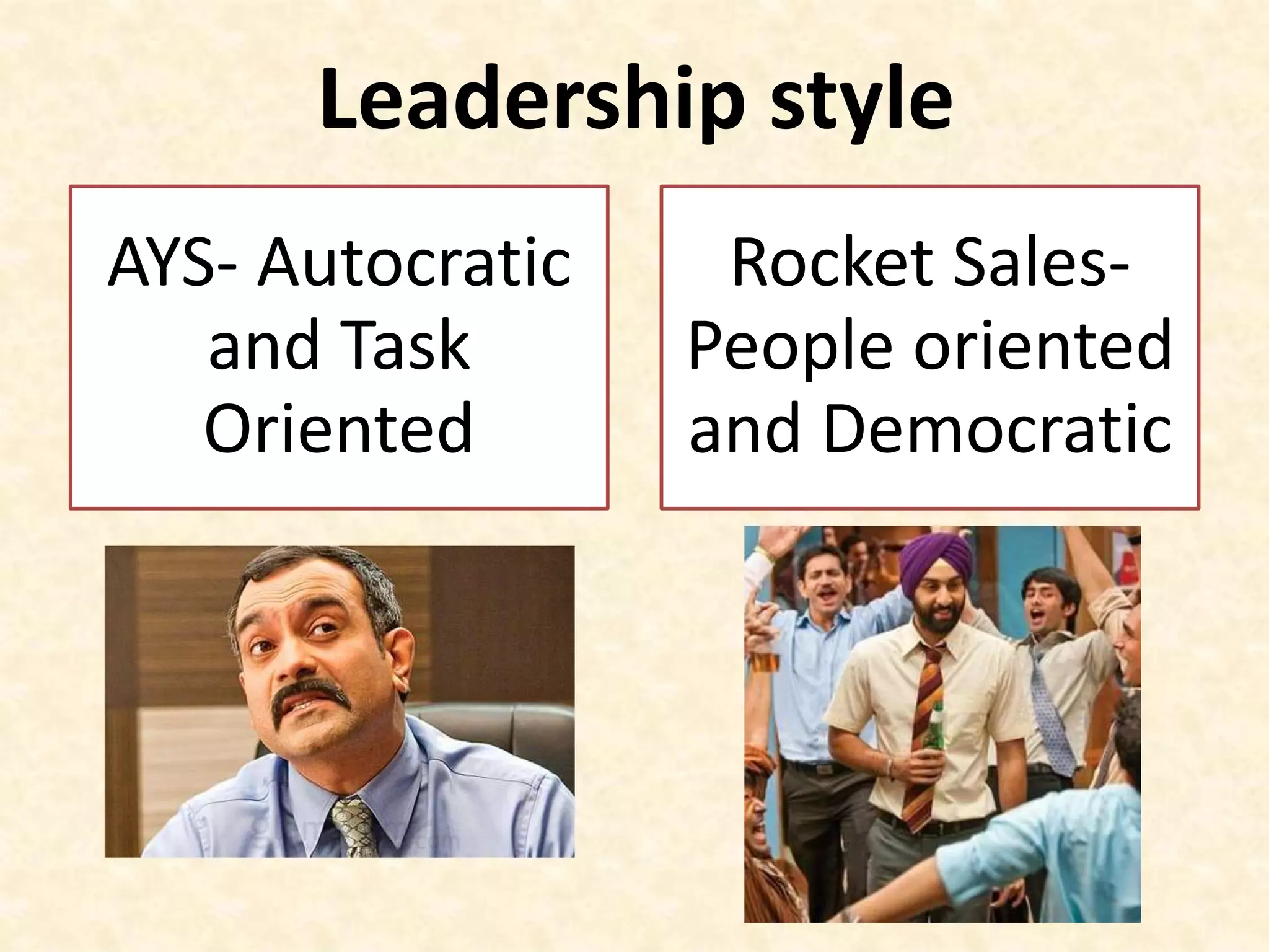 Leadership style
AYS- Autocratic
and Task
Oriented
Rocket Sales-
People oriented
and Democratic
 