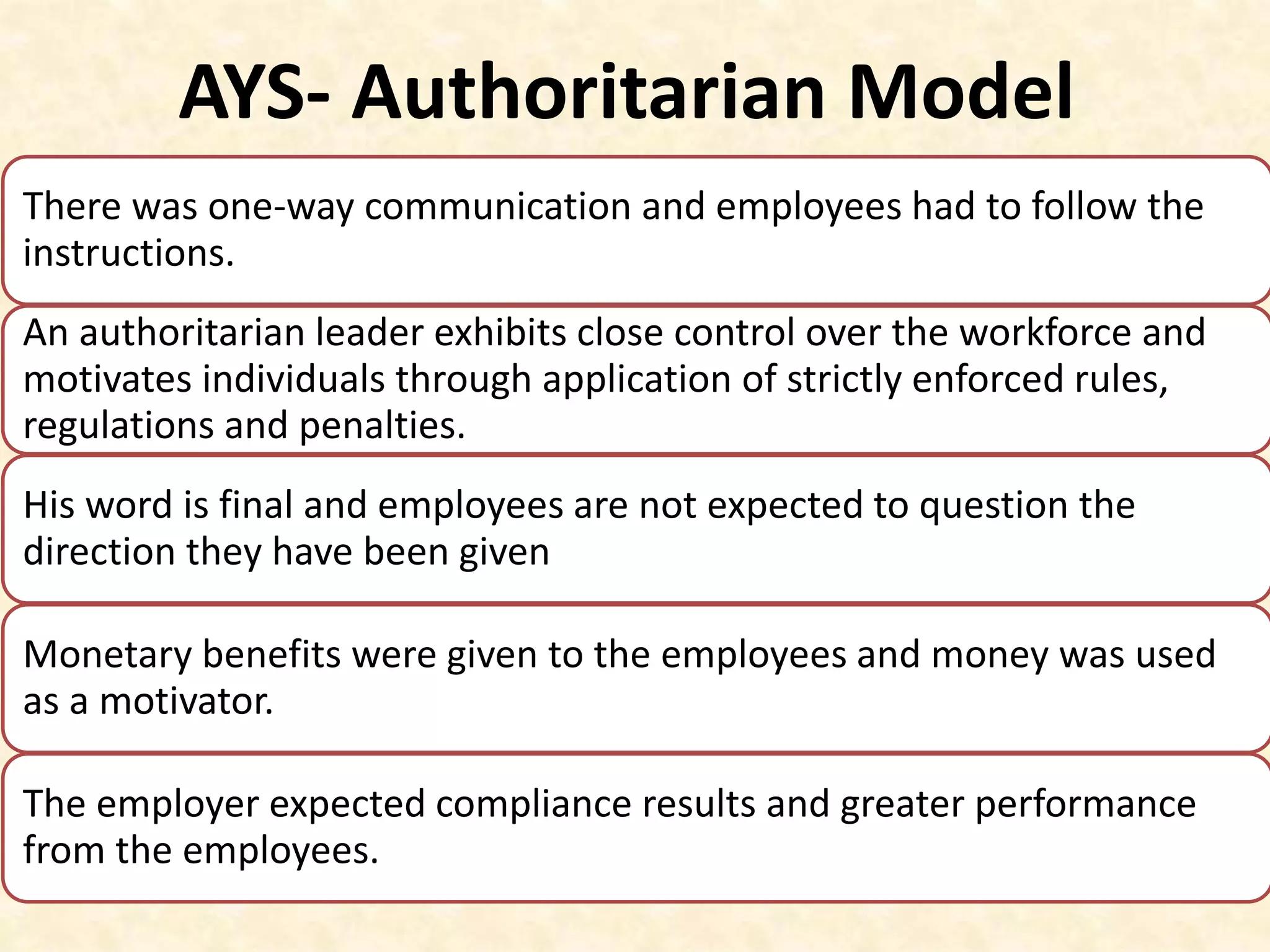 AYS- Authoritarian Model
There was one-way communication and employees had to follow the
instructions.
An authoritarian leader exhibits close control over the workforce and
motivates individuals through application of strictly enforced rules,
regulations and penalties.
His word is final and employees are not expected to question the
direction they have been given
Monetary benefits were given to the employees and money was used
as a motivator.
The employer expected compliance results and greater performance
from the employees.
 