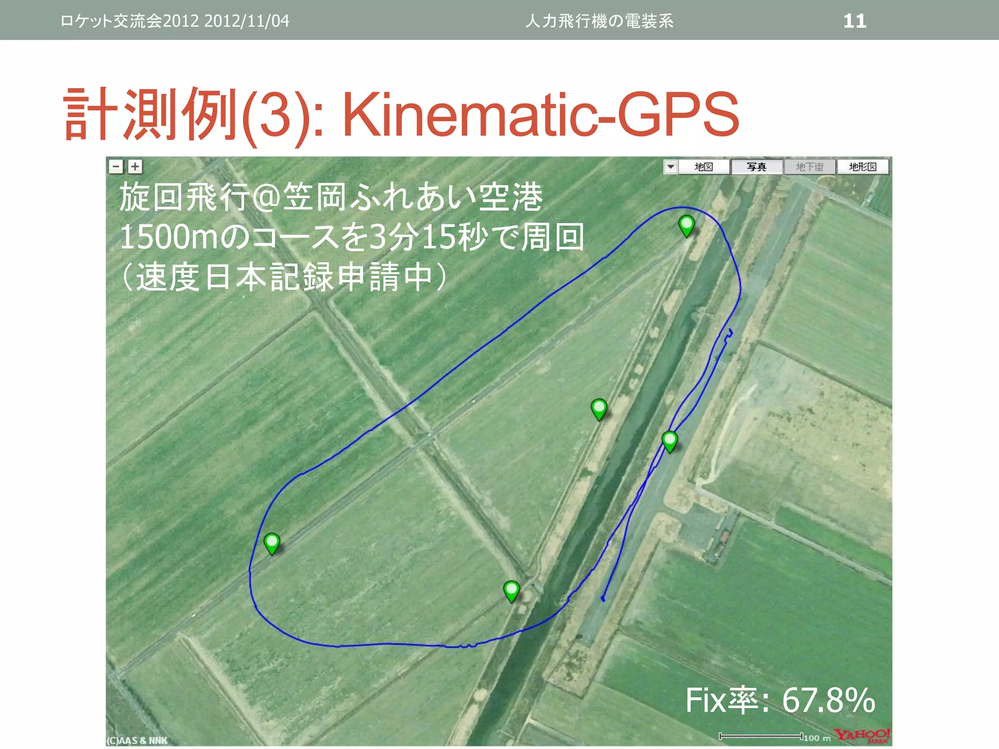 ロケット交流会2012 2012/11/04   人力飛行機の電装系            11




計測例(3): Kinematic-GPS
     旋回飛行@笠岡ふれあい空港
     1500mのコースを3分15秒で周回
     （速度日本記録申請中）




                                     Fix率: 67.8%
 
