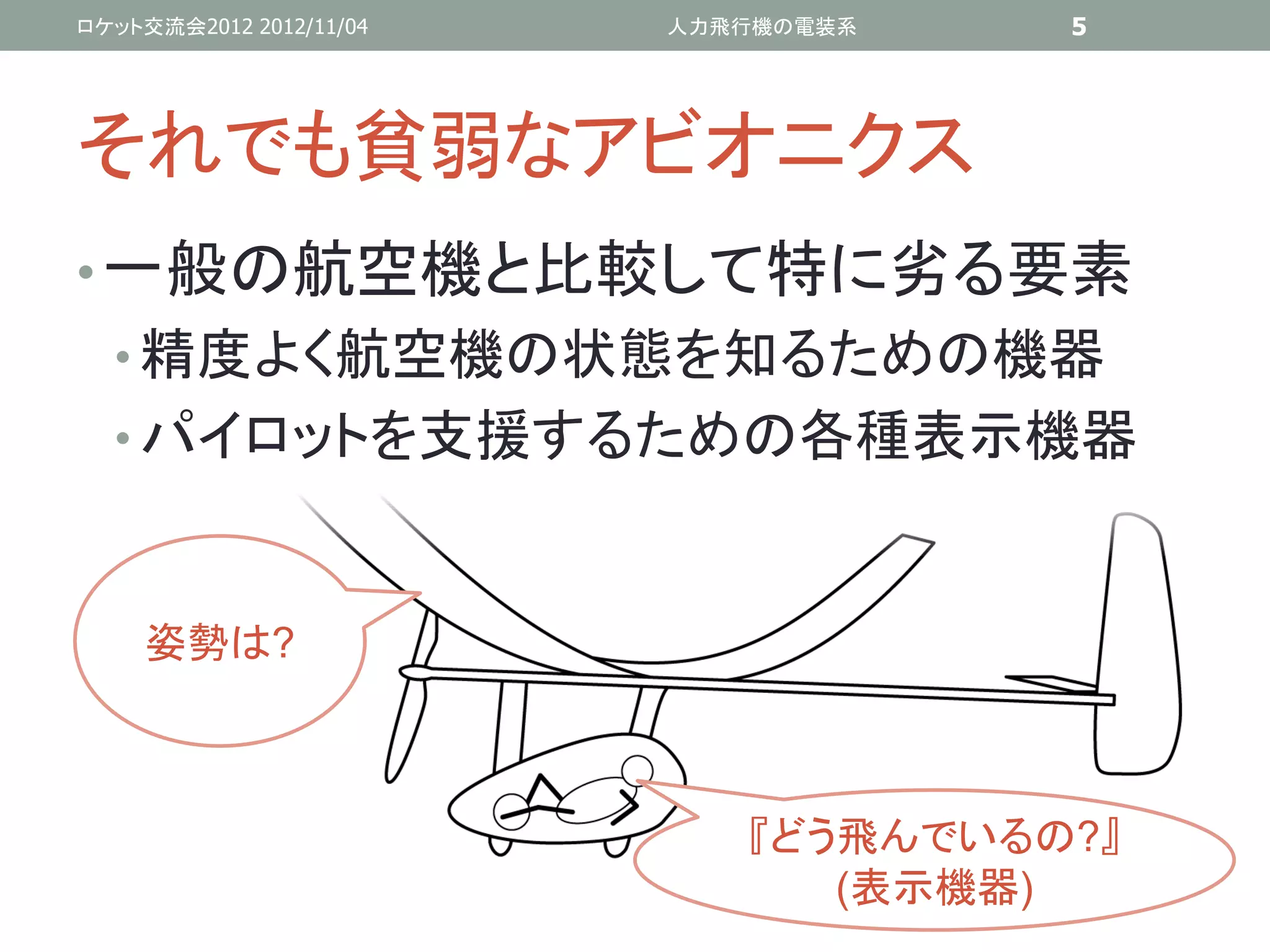 ロケット交流会2012 2012/11/04   人力飛行機の電装系   5




それでも貧弱なアビオニクス
• 一般の航空機と比較して特に劣る要素
  • 精度よく航空機の状態を知るための機器
  • パイロットを支援するための各種表示機器



     姿勢は?



                            『どう飛んでいるの?』
                               (表示機器)
 