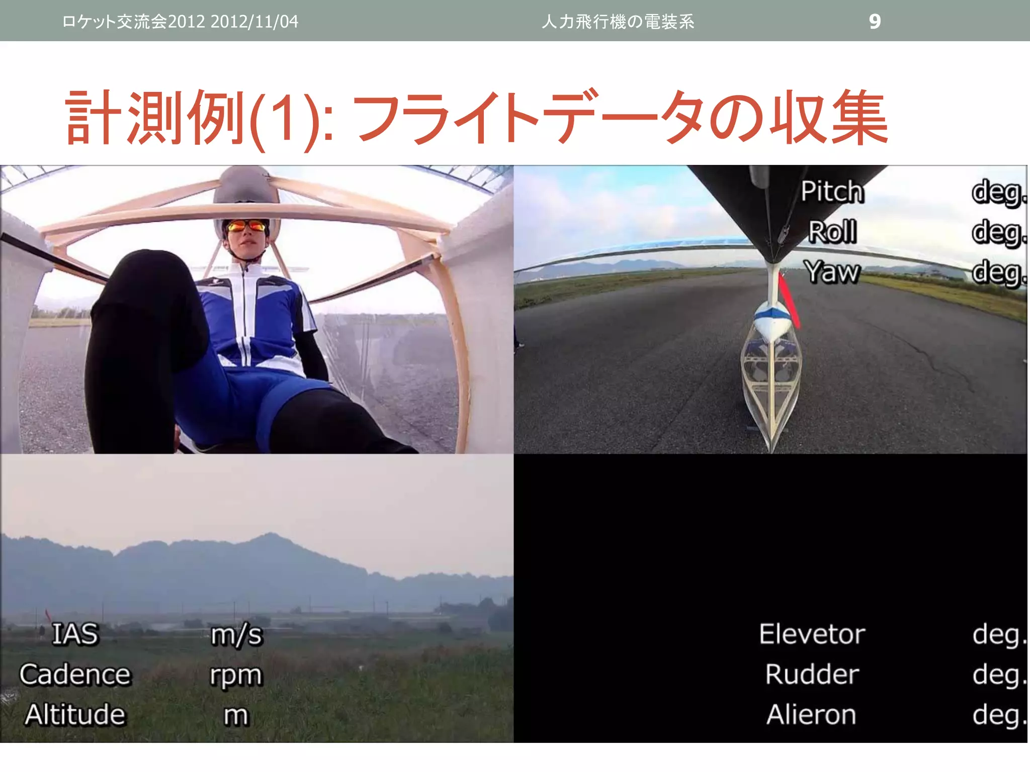 ロケット交流会2012 2012/11/04   人力飛行機の電装系   9




計測例(1): フライトデータの収集
 