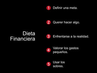 Definir una meta.



             Querer hacer algo.


     Dieta   Enfrentarse a la realidad.
Financiera
             Valorar los gastos
             pequeños.


             Usar los
             sobres.
 