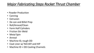 Major Fabricating Steps Rocket Thrust Chamber
• Powder Production
• Canning
• Extrusion
• De-can and Billet Prep
• Roll/Anneal/Clean
• Form Half Cylinders
• Friction Stir Weld
• Metal Spin
• Anneal
• Machine ID, rough OD
• Coat Liner w/ NiCrAlY and HIP
• Machine ID + OD Cooling Channels
 