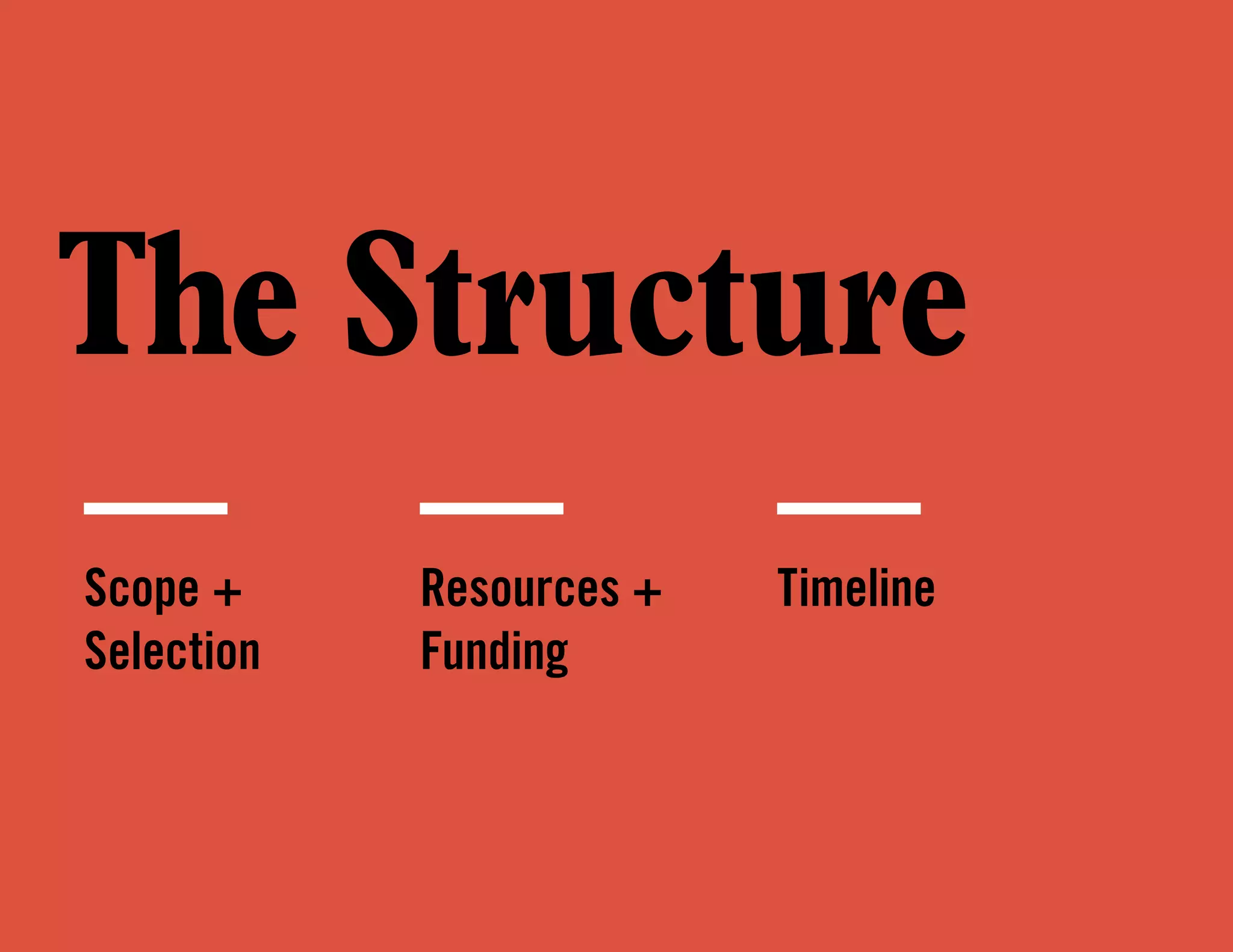 The Structure
Scope +
Selection
Resources +
Funding
Timeline
 