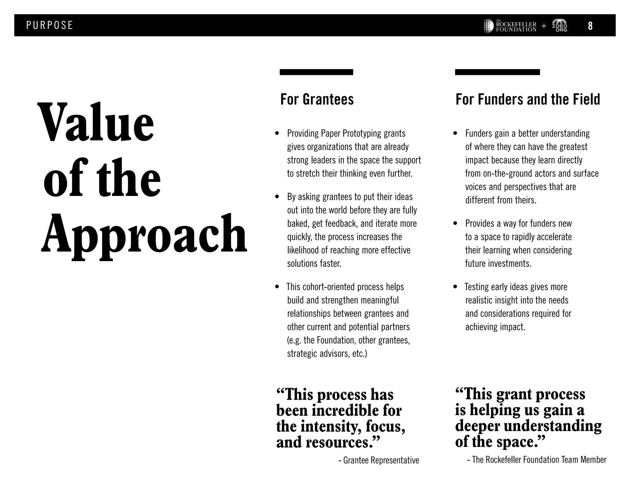 •	 Providing Paper Prototyping grants
gives organizations that are already
strong leaders in the space the support
to stretch their thinking even further.
•	 By asking grantees to put their ideas
out into the world before they are fully
baked, get feedback, and iterate more
quickly, the process increases the
likelihood of reaching more effective
solutions faster.
•	 This cohort-oriented process helps
build and strengthen meaningful
relationships between grantees and
other current and potential partners
(e.g. the Foundation, other grantees,
strategic advisors, etc.)
For Grantees For Funders and the Field
•	 Funders gain a better understanding
of where they can have the greatest
impact because they learn directly
from on-the-ground actors and surface
voices and perspectives that are
different from theirs.
•	 Provides a way for funders new
to a space to rapidly accelerate
their learning when considering
future investments.
•	 Testing early ideas gives more
realistic insight into the needs
and considerations required for
achieving impact.
Value
of the
Approach
PURPOS E
“This grant process
is helping us gain a
deeper understanding
of the space.”
- The Rockefeller Foundation Team Member
“This process has
been incredible for
the intensity, focus,
and resources.”
- Grantee Representative
8
 