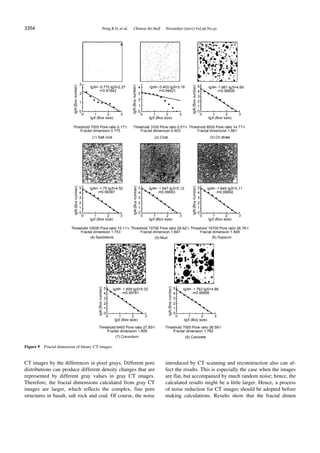 3354 Peng R D, et al. Chinese Sci Bull November (2011) Vol.56 No.31
Figure 9 Fractal dimension of binary CT images.
CT images by the differences in pixel grays. Different pore
distributions can produce different density changes that are
represented by different gray values in gray CT images.
Therefore, the fractal dimensions calculated from gray CT
images are larger, which reflects the complex, fine pore
structures in basalt, salt rock and coal. Of course, the noise
introduced by CT scanning and reconstruction also can af-
fect the results. This is especially the case when the images
are flat, but accompanied by much random noise; hence, the
calculated results might be a little larger. Hence, a process
of noise reduction for CT images should be adopted before
making calculations. Results show that the fractal dimen
 