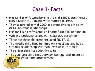 Case 1- Facts
• Husband & Wife were born in the mid 1960’s, commenced
cohabitation in 1986 and were married in 1988.
• They separated in mid-2009 and were divorced in early
2013 . (23 year relationship)
• Husband is a professional and earns $148,000 per annum
• Wife is a professional and earns $82,000 per annum
• There are three children then aged 20, 17, 13
• The middle child lived full time with Husband and had a
strained relationship with Wife- was an elite athlete
• The eldest child lives with the Wife
• The youngest child lives between both parents under an
informal equal time arrangement
 