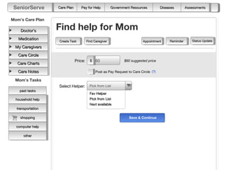 SeniorServe       Care Plan      Pay for Help           Government Resources          Diseases        Assessments


Mom’s Care Plan

    Doctor’s       Find help for Mom
   Medication                                                                                             Status Update
                   Create Task          Find Caregiver                      Appointment     Reminder
 My Caregivers

   Care Circle
                               Price:     $ 60                  $60 suggested price
   Care Charts

   Care Notes                                 Post as Pay Request to Care Circle (?)

 Mom’s Tasks
                   Select Helper:         Pick from List
                                          
    past tasks
                                          Fav Helper
  household help                          Pick from List
                                          Next available
  transportation

    shopping                                                       Save & Continue

  computer help

      other
 
