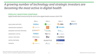 PRESENTATION © 2014 ROCK HEALTH
Digital health deals announced by the most active digital health investors (2014 YTD)
A growing number of technology and strategic investors are
becoming the most active in digital health
Note: Only includes announced deals >$2M; multiple investments in the same
company in 2014 are considered a single deal for purposes of activity count
PROLIFIC INVESTORS
12
DEAL 1 DEAL 2 DEAL 3 DEAL 4
QUALCOMM VENTURES
ANDREESSEN HOROWITZ
BESSEMER VENTURE PARTNERS
EMERGENCE CAPITAL
GOOGLE VENTURES
MATRIX PARTNERS
VENROCK
 
