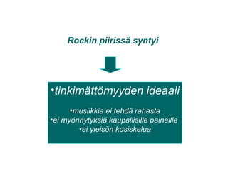 •tinkimättömyyden ideaali
•musiikkia ei tehdä rahasta
•ei myönnytyksiä kaupallisille paineille
•ei yleisön kosiskelua
Rock
Rockin piirissä syntyi
 