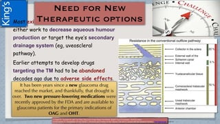 Most existing glaucoma eyedrops, which
either work to decrease aqueous humour
production or target the eye’s secondary
drainage system (eg, uveoscleral
pathway).
Earlier attempts to develop drugs
targeting the TM had to be abandoned
decades ago due to adverse side effects.
(1) (2)
(1)Tagart M. Success at Last! Two New Glaucoma Drugs Reach the Market. Bright Focus Foundation. Science news.
(2)Sampaolesi R, Sampaolesi JR and Zarate J. Structure and Function of the Tissues That Are in Contact with the Aqueous Humour. The Glaucomas pp 39-70
 