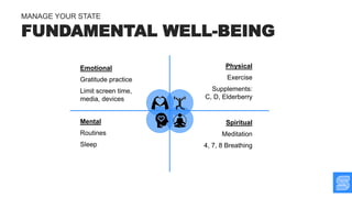 Emotional
Gratitude practice
Limit screen time,
media, devices
Physical
Exercise
Supplements:
C, D, Elderberry
Mental
Routines
Sleep
Spiritual
Meditation
4, 7, 8 Breathing
FUNDAMENTAL WELL-BEING
MANAGE YOUR STATE
 