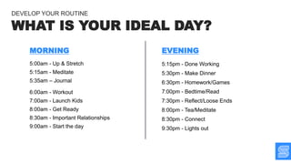 5:15pm - Done Working
5:30pm - Make Dinner
6:30pm - Homework/Games
7:00pm - Bedtime/Read
7:30pm - Reflect/Loose Ends
8:00pm - Tea/Meditate
8:30pm - Connect
9:30pm - Lights out
5:00am - Up & Stretch
5:15am - Meditate
5:35am – Journal
6:00am - Workout
7:00am - Launch Kids
8:00am - Get Ready
8:30am - Important Relationships
9:00am - Start the day
MORNING EVENING
WHAT IS YOUR IDEAL DAY?
DEVELOP YOUR ROUTINE
 