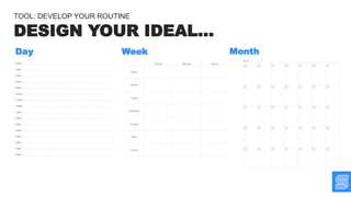 Day Week Month
DESIGN YOUR IDEAL…
TOOL: DEVELOP YOUR ROUTINE
 