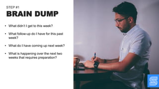 47
• What didn’t I get to this week?
• What follow-up do I have for this past
week?
• What do I have coming up next week?
• What is happening over the next two
weeks that requires preparation?
BRAIN DUMP
STEP #1
 