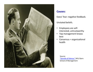 Causes:	
  
	
  
Execs’	
  fear:	
  nega5ve	
  feedback.	
  	
  
	
  
Unstated	
  beliefs.	
  
	
  
•  Employees	
  are	
  self-­‐
interested,	
  untrustworthy	
  
•  Top	
  management	
  knows	
  
best	
  
•  Consensus	
  =	
  organiza5onal	
  
health	
  
Source:	
  	
  
“Sounds	
  of	
  Silence,”	
  NYU	
  Stern	
  
School	
  of	
  Management	
  
 