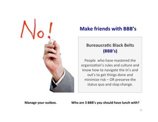 22	
  
Make	
  friends	
  with	
  BBB’s	
  
	
  
Bureaucra5c	
  Black	
  Belts	
  
(BBB’s)	
  
	
  
People	
  	
  who	
  have	
  mastered	
  the	
  
organiza5on’s	
  rules	
  and	
  culture	
  and	
  
know	
  how	
  to	
  navigate	
  the	
  in’s	
  and	
  
out’s	
  to	
  get	
  things	
  done	
  and	
  
minimize	
  risk	
  –	
  OR	
  preserve	
  the	
  
status	
  quo	
  and	
  stop	
  change.	
  	
  
	
  
Manage	
  your	
  outbox.	
  	
  	
  	
  	
  	
  	
  	
  	
  	
  	
  	
  	
  	
  	
  	
  	
  	
  Who	
  are	
  3	
  BBB’s	
  you	
  should	
  have	
  lunch	
  with?	
  
 