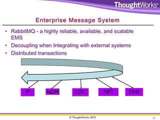 Enterprise Message System 
• RabbitMQ - a highly reliable, available, and scalable 
EMS 
• Decoupling when Integrating wit...