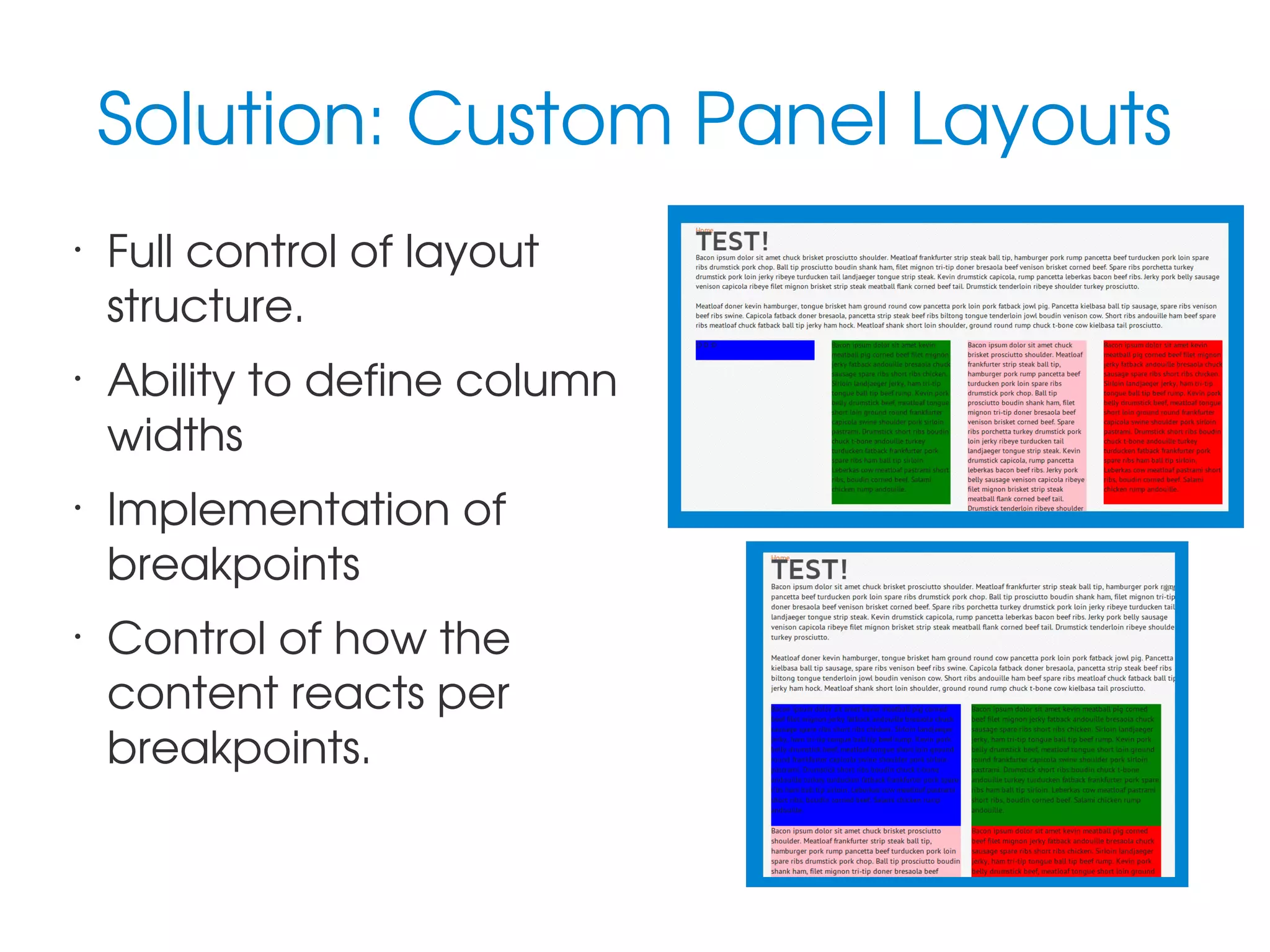 Solution: Custom Panel Layouts
•

•

•

•

Full control of layout 
structure.
Ability to define column 
widths
Implementation of 
breakpoints
Control of how the 
content reacts per 
breakpoints.

 