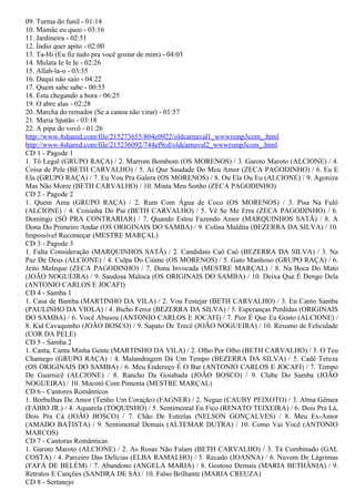 09. Turma do funil - 01:14
10. Mamãe eu queo - 03:16
11. Jardineira - 02:51
12. Índio quer apito - 02:00
13. Ta-Hi (Eu fiz tudo pra você gostar de mim) - 04:03
14. Mulata Ie Ie Ie - 02:26
15. Allah-la-o - 03:35
16. Daqui não saio - 04:22
17. Quem sabe sabe - 00:55
18. Esta chegando a hora - 06:25
19. O abre alas - 02:28
20. Marcha do remador (Se a canoa não virar) - 01:57
21. Maria Spatão - 03:18
22. A pipa do vovô - 01:26
http://www.4shared.com/file/215273655/804c0922/oldcarnaval1_wwwrsmp3com_.html
http://www.4shared.com/file/215236092/744ef9cd/oldcarnaval2_wwwrsmp3com_.html
CD 1 - Pagode 1
1. Tô Legal (GRUPO RAÇA) / 2. Marrom Bombom (OS MORENOS) / 3. Garoto Maroto (ALCIONE) / 4.
Coisa de Pele (BETH CARVALHO) / 5. Ai Que Saudade Do Meu Amor (ZECA PAGODINHO) / 6. Eu E
Ela (GRUPO RAÇA) / 7. Eu Vou Pra Galera (OS MORENOS) / 8. Ou Ela Ou Eu (ALCIONE) / 9. Agoniza
Mas Não Morre (BETH CARVALHO) / 10. Minta Meu Sonho (ZECA PAGODINHO)
CD 2 - Pagode 2
1. Quem Ama (GRUPO RAÇA) / 2. Rum Com Água de Coco (OS MORENOS) / 3. Pisa Na Fulô
(ALCIONE) / 4. Coisinha Do Pai (BETH CARVALHO) / 5. Vê Se Me Erra (ZECA PAGODINHO) / 6.
Domingo (SÓ PRA CONTRARIAR) / 7. Quando Estou Fazendo Amor (MARQUINHOS SATÃ) / 8. A
Dona Do Primeiro Andar (OS ORIGINAIS DO SAMBA) / 9. Colina Maldita (BEZERRA DA SILVA) / 10.
Impossível Recomeçar (MESTRE MARÇAL)
CD 3 - Pagode 3
1. Falta Consideração (MARQUINHOS SATÃ) / 2. Candidato Caô Caô (BEZERRA DA SILVA) / 3. Na
Paz De Deus (ALCIONE) / 4. Culpa Do Ciúme (OS MORENOS) / 5. Gato Manhoso (GRUPO RAÇA) / 6.
Jeito Moleque (ZECA PAGODINHO) / 7. Dona Invocada (MESTRE MARÇAL) / 8. Na Boca Do Mato
(JOÃO NOGUEIRA) / 9. Saudosa Maloca (OS ORIGINAIS DO SAMBA) / 10. Deixa Que É Dengo Dela
(ANTONIO CARLOS E JOCAFI)
CD 4 - Samba 1
1. Casa de Bamba (MARTINHO DA VILA) / 2. Vou Festejar (BETH CARVALHO) / 3. Eu Canto Samba
(PAULINHO DA VIOLA) / 4. Bicho Feroz (BEZERRA DA SILVA) / 5. Esperanças Perdidas (ORIGINAIS
DO SAMBA) / 6. Você Abusou (ANTONIO CARLOS E JOCAFI) / 7. Pior É Que Eu Gosto (ALCIONE) /
8. Kid Cavaquinho (JOÃO BOSCO) / 9. Sapato De Trecê (JOÃO NOGUEIRA) / 10. Resumo de Felicidade
(COR DA PELE)
CD 5 - Samba 2
1. Canta, Canta Minha Gente (MARTINHO DA VILA) / 2. Olho Por Olho (BETH CARVALHO) / 3. O Teu
Chamego (GRUPO RAÇA) / 4. Malandragem Dá Um Tempo (BEZERRA DA SILVA) / 5. Cadê Tereza
(OS ORIGINAIS DO SAMBA) / 6. Meu Endereço É O Bar (ANTONIO CARLOS E JOCAFI) / 7. Tempo
De Guarnicê (ALCIONE) / 8. Rancho Da Goiabada (JOÃO BOSCO) / 9. Clube Do Samba (JOÃO
NOGUEIRA) / 10. Mocotó Com Pimenta (MESTRE MARÇAL)
CD 6 - Cantores Românticos
1. Borbulhas De Amor (Tenho Um Coração) (FAGNER) / 2. Negue (CAUBY PEIXOTO) / 3. Alma Gêmea
(FÁBIO JR.) / 4. Aquarela (TOQUINHO) / 5. Sentimental Eu Fico (RENATO TEIXEIRA) / 6. Dois Pra Lá,
Dois Pra Cá (JOÃO BOSCO) / 7. Chão De Estrelas (NELSON GONÇALVES) / 8. Meu Ex-Amor
(AMADO BATISTA) / 9. Sentimental Demais (ALTEMAR DUTRA) / 10. Como Vai Você (ANTONIO
MARCOS)
CD 7 - Cantoras Românticas
1. Garoto Maroto (ALCIONE) / 2. As Rosas Não Falam (BETH CARVALHO) / 3. Tá Combinado (GAL
COSTA) / 4. Parceiro Das Delícias (ELBA RAMALHO) / 5. Recado (JOANNA) / 6. Nuvem De Lágrimas
(FAFÁ DE BELÉM) / 7. Abandono (ANGELA MARIA) / 8. Gostoso Demais (MARIA BETHÂNIA) / 9.
Retratos E Canções (SANDRA DE SÁ) / 10. Falso Brilhante (MARIA CREUZA)
CD 8 - Sertanejo
 