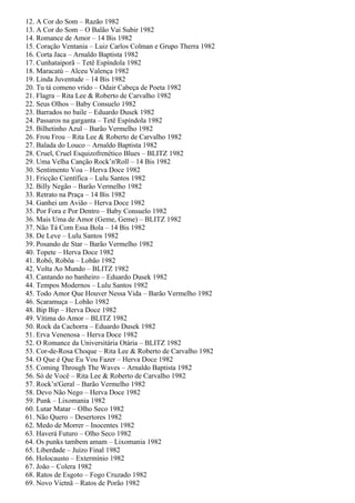 12. A Cor do Som – Razão 1982
13. A Cor do Som – O Balão Vai Subir 1982
14. Romance de Amor – 14 Bis 1982
15. Coração Ventania – Luiz Carlos Colman e Grupo Therra 1982
16. Corta Jaca – Arnaldo Baptista 1982
17. Cunhataiporã – Tetê Espíndola 1982
18. Maracatú – Alceu Valença 1982
19. Linda Juventude – 14 Bis 1982
20. Tu tá comeno vrido – Odair Cabeça de Poeta 1982
21. Flagra – Rita Lee & Roberto de Carvalho 1982
22. Seus Olhos – Baby Consuelo 1982
23. Barrados no baile – Eduardo Dusek 1982
24. Passaros na garganta – Tetê Espíndola 1982
25. Bilhetinho Azul – Barão Vermelho 1982
26. Frou Frou – Rita Lee & Roberto de Carvalho 1982
27. Balada do Louco – Arnaldo Baptista 1982
28. Cruel, Cruel Esquizofrenético Blues – BLITZ 1982
29. Uma Velha Canção Rock’n'Roll – 14 Bis 1982
30. Sentimento Voa – Herva Doce 1982
31. Fricção Científica – Lulu Santos 1982
32. Billy Negão – Barão Vermelho 1982
33. Retrato na Praça – 14 Bis 1982
34. Ganhei um Avião – Herva Doce 1982
35. Por Fora e Por Dentro – Baby Consuelo 1982
36. Mais Uma de Amor (Geme, Geme) – BLITZ 1982
37. Não Tá Com Essa Bola – 14 Bis 1982
38. De Leve – Lulu Santos 1982
39. Posando de Star – Barão Vermelho 1982
40. Topete – Herva Doce 1982
41. Robô, Robôa – Lobão 1982
42. Volta Ao Mundo – BLITZ 1982
43. Cantando no banheiro – Eduardo Dusek 1982
44. Tempos Modernos – Lulu Santos 1982
45. Todo Amor Que Houver Nessa Vida – Barão Vermelho 1982
46. Scaramuça – Lobão 1982
48. Bip Bip – Herva Doce 1982
49. Vítima do Amor – BLITZ 1982
50. Rock da Cachorra – Eduardo Dusek 1982
51. Erva Venenosa – Herva Doce 1982
52. O Romance da Universitária Otária – BLITZ 1982
53. Cor-de-Rosa Choque – Rita Lee & Roberto de Carvalho 1982
54. O Que é Que Eu Vou Fazer – Herva Doce 1982
55. Coming Through The Waves – Arnaldo Baptista 1982
56. Só de Você – Rita Lee & Roberto de Carvalho 1982
57. Rock’n'Geral – Barão Vermelho 1982
58. Devo Não Nego – Herva Doce 1982
59. Punk – Lixomania 1982
60. Lutar Matar – Olho Seco 1982
61. Não Quero – Desertores 1982
62. Medo de Morrer – Inocentes 1982
63. Haverá Futuro – Olho Seco 1982
64. Os punks tambem amam – Lixomania 1982
65. Liberdade – Juízo Final 1982
66. Holocausto – Extermínio 1982
67. João – Colera 1982
68. Ratos de Esgoto – Fogo Cruzado 1982
69. Novo Vietnã – Ratos de Porão 1982
 