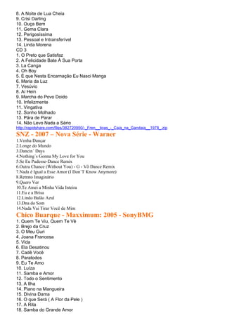 8. A Noite de Lua Cheia
9. Crisi Darling
10. Ouça Bem
11. Gema Clara
12. Perigosíssima
13. Pessoal e Intransferível
14. Linda Morena
CD 3
1. O Preto que Satisfaz
2. A Felicidade Bate À Sua Porta
3. La Canga
4. Oh Boy
5. É que Nesta Encarnação Eu Nasci Manga
6. Maria da Luz
7. Vesúvio
8. Aí Hein
9. Marcha do Povo Doido
10. Infelizmente
11. Vingativa
12. Sonho Molhado
13. Pára de Parar
14. Não Levo Nada a Sério
http://rapidshare.com/files/382720950/-_Fren__ticas_-_Caia_na_Gandaia__1978_.zip
SNZ - 2007 – Nova Série - Warner
1.Venha Dançar
2.Longe do Mundo
3.Dancin´ Days
4.Nothing´s Gonna My Love for You
5.Se Eu Pudesse-Dance Remix
6.Outra Chance (Without You) - G - Vô Dance Remix
7.Nada é Igual a Esse Amor (I Don´T Know Anymore)
8.Retrato Imaginário
9.Quero Ver
10.Te Amei a Minha Vida Inteira
11.Eu e a Brisa
12.Lindo Balão Azul
13.Dna do Som
14.Nada Vai Tirar Você de Mim
Chico Buarque - Maxximum: 2005 - SonyBMG
1. Quem Te Viu, Quem Te Vê
2. Brejo da Cruz
3. O Meu Guri
4. Joana Francesa
5. Vida
6. Ela Desatinou
7. Cadê Você
8. Paratodos
9. Eu Te Amo
10. Luíza
11. Samba e Amor
12. Todo o Sentimento
13. A Ilha
14. Piano na Mangueira
15. Divina Dama
16. O que Será ( A Flor da Pele )
17. A Rita
18. Samba do Grande Amor
 
