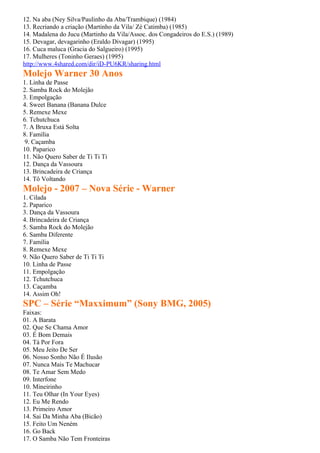 12. Na aba (Ney Silva/Paulinho da Aba/Trambique) (1984)
13. Recriando a criação (Martinho da Vila/ Zé Catimba) (1985)
14. Madalena do Jucu (Martinho da Vila/Assoc. dos Congadeiros do E.S.) (1989)
15. Devagar, devagarinho (Eraldo Divagar) (1995)
16. Cuca maluca (Gracia do Salgueiro) (1995)
17. Mulheres (Toninho Geraes) (1995)
http://www.4shared.com/dir/iD-PU6KR/sharing.html
Molejo Warner 30 Anos
1. Linha de Passe
2. Samba Rock do Molejão
3. Empolgação
4. Sweet Banana (Banana Dulce
5. Remexe Mexe
6. Tchutchuca
7. A Bruxa Está Solta
8. Família
 9. Caçamba
10. Paparico
11. Não Quero Saber de Ti Ti Ti
12. Dança da Vassoura
13. Brincadeira de Criança
14. Tô Voltando
Molejo - 2007 – Nova Série - Warner
1. Cilada
2. Paparico
3. Dança da Vassoura
4. Brincadeira de Criança
5. Samba Rock do Molejão
6. Samba Diferente
7. Família
8. Remexe Mexe
9. Não Quero Saber de Ti Ti Ti
10. Linha de Passe
11. Empolgação
12. Tchutchuca
13. Caçamba
14. Assim Oh!
SPC – Série “Maxximum” (Sony BMG, 2005)
Faixas:
01. A Barata
02. Que Se Chama Amor
03. É Bom Demais
04. Tá Por Fora
05. Meu Jeito De Ser
06. Nosso Sonho Não É Ilusão
07. Nunca Mais Te Machucar
08. Te Amar Sem Medo
09. Interfone
10. Mineirinho
11. Teu Olhar (In Your Eyes)
12. Eu Me Rendo
13. Primeiro Amor
14. Sai Da Minha Aba (Bicão)
15. Feito Um Neném
16. Go Back
17. O Samba Não Tem Fronteiras
 