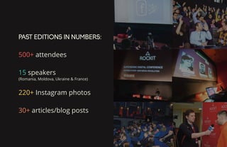 PAST EDITIONS IN NUMBERS:
500+ attendees
15 speakers
(Romania, Moldova, Ukraine & France)
220+ Instagram photos
30+ articles/blog posts
 