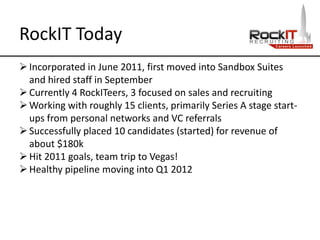 RockIT Today
Incorporated in June 2011, first moved into Sandbox Suites
and hired staff in September
Currently 4 RockITeers, 3 focused on sales and recruiting
Working with roughly 15 clients, primarily Series A stage start-
ups from personal networks and VC referrals
Successfully placed 10 candidates (started) for revenue of
about $180k
Hit 2011 goals, team trip to Vegas!
Healthy pipeline moving into Q1 2012
 