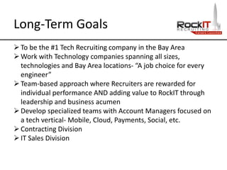 Long-Term Goals
To be the #1 Tech Recruiting company in the Bay Area
Work with Technology companies spanning all sizes,
technologies and Bay Area locations- “A job choice for every
engineer”
Team-based approach where Recruiters are rewarded for
individual performance AND adding value to RockIT through
leadership and business acumen
Develop specialized teams with Account Managers focused on
a tech vertical- Mobile, Cloud, Payments, Social, etc.
Contracting Division
IT Sales Division
 