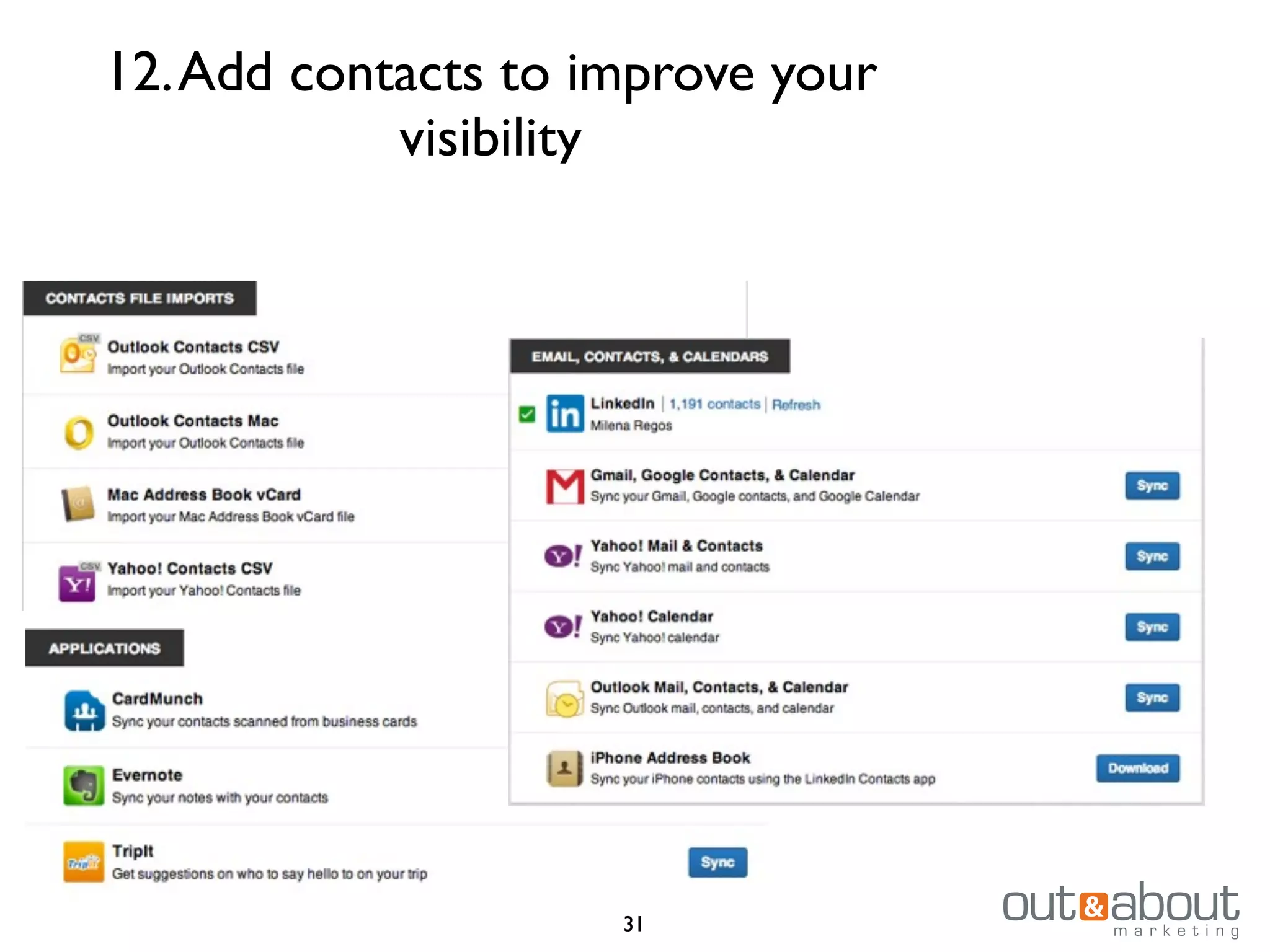 12.Add contacts to improve your
visibility
31
 