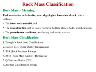 Rock Mass Classification and their Application | PPTX