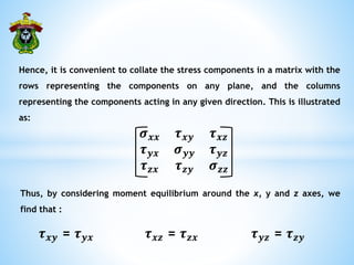 Hence, it is convenient to collate the stress components in a matrix with the
rows representing the components on any plane, and the columns
representing the components acting in any given direction. This is illustrated
as:
𝝈𝒙𝒙 𝝉𝒙𝒚 𝝉𝒙𝒛
𝝉𝒚𝒙 𝝈𝒚𝒚 𝝉𝒚𝒛
𝝉𝒛𝒙 𝝉𝒛𝒚 𝝈𝒛𝒛
Thus, by considering moment equilibrium around the x, y and z axes, we
find that :
𝝉𝒙𝒚 = 𝝉𝒚𝒙 𝝉𝒙𝒛 = 𝝉𝒛𝒙 𝝉𝒚𝒛 = 𝝉𝒛𝒚
 